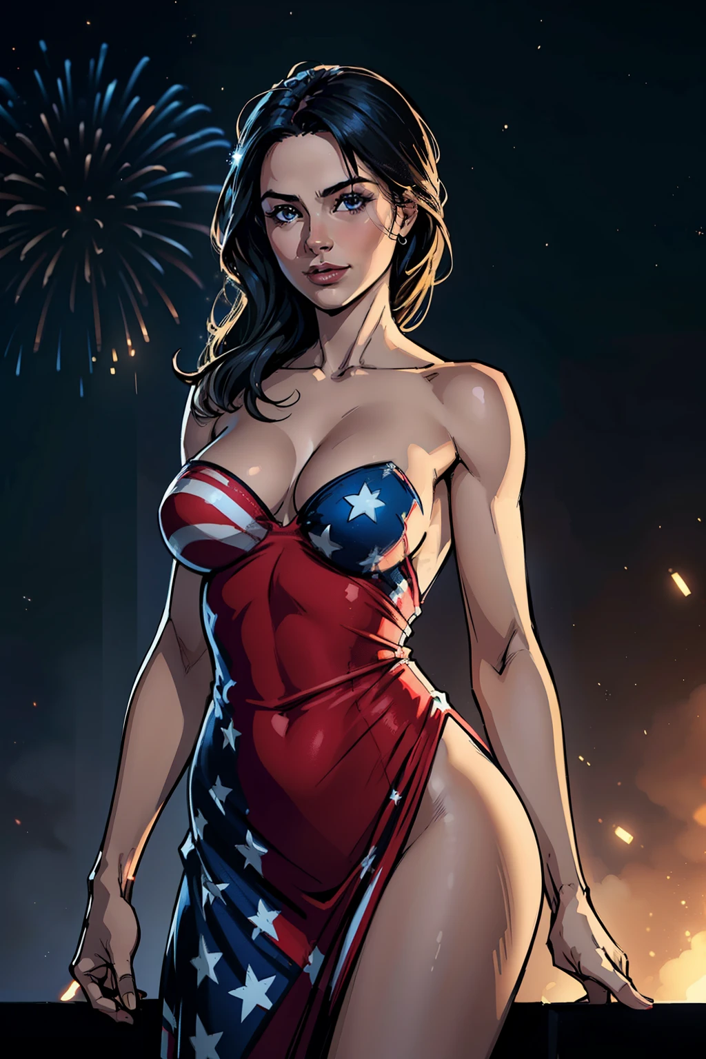 ((Realstic)) and ultra-detailed photography of a nude woman, body at an angle, dramatic angle, sexy dress, american flag dress, american flag patter on dress slight smile, rim lighting, atmospheric lighting, woman is well lit, sexy, beautiful woman, natural skin color, cinematic lighting, dark simplistic abstract background, fireworks, stars, night time