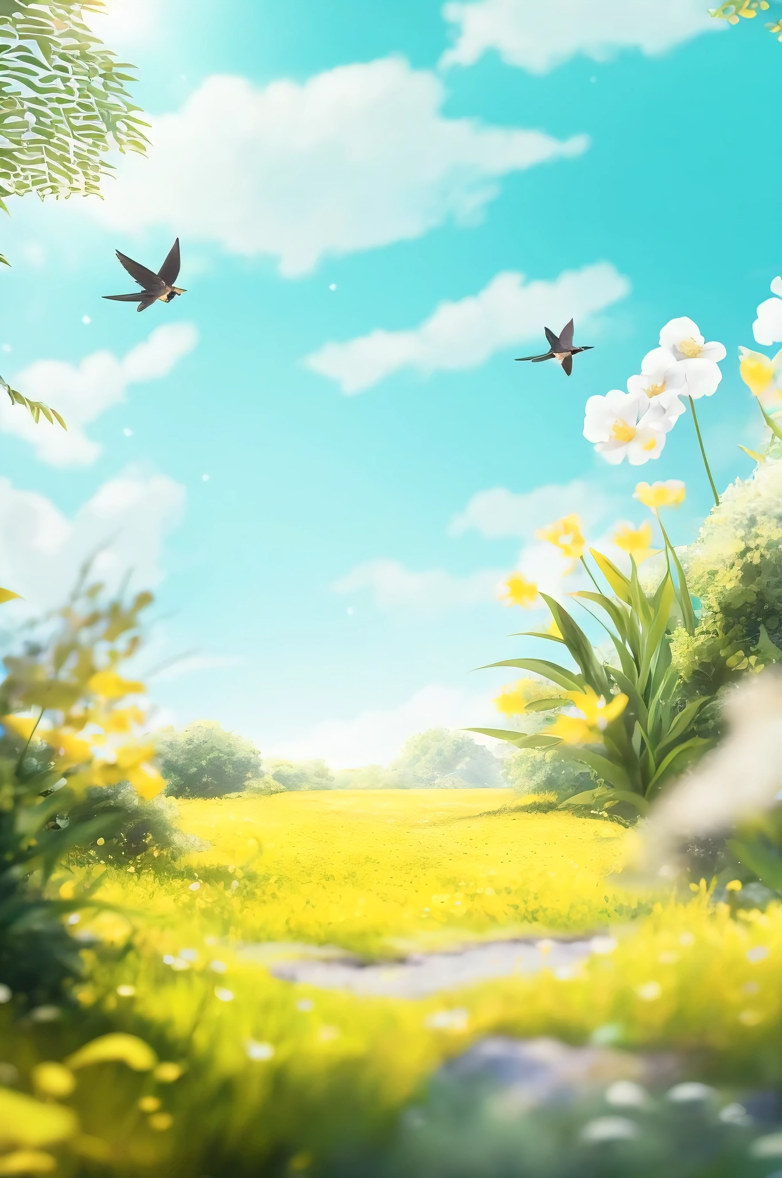 Two swallows fly over the green fields, beautiful nature backdrop, Beautiful composition 3 - D 4 K, anime nature, nature backdrop, floral environment, nature backdrop, background art, blue and fauna, animation style rendering, anime background, bright sunny summer day, anime nature wallpap, Whimsical fantasy landscape art, 4k highly detailed digital art, background artwork