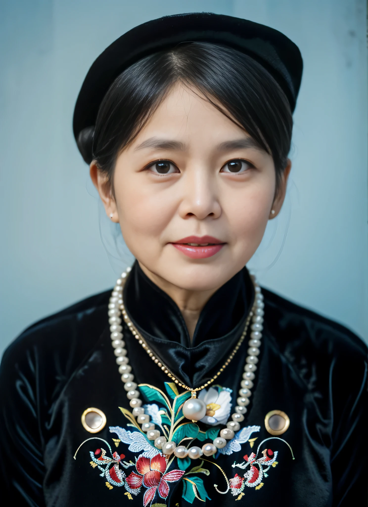 Highly realistic photo, ((masterpiece), (best quality), (raw photo), (photorealistic:1.4), Portrait of Vietnamese old woman, (65 years old), ((black hair)), ((black scarf)), (wearing a black velvet ao dai), pearl necklaces and gold necklaces ,((light blue background)) , photo taken by Sony A7IV