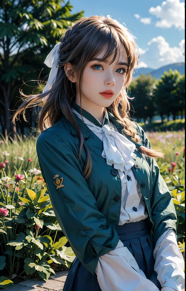 purple, 1 girl, alone, blue eyes, blonde hair, ribbon, hair between eyes, Green gemstones, close your mouth, jacket, hair ribbon, Upper body, braid, outdoor, Sky空, Sky, cloud, red ribbon, blue Sky空, ascot, hair intake, blue jacket, brooch, white ascot, masterpiece ,Ultra HD quality