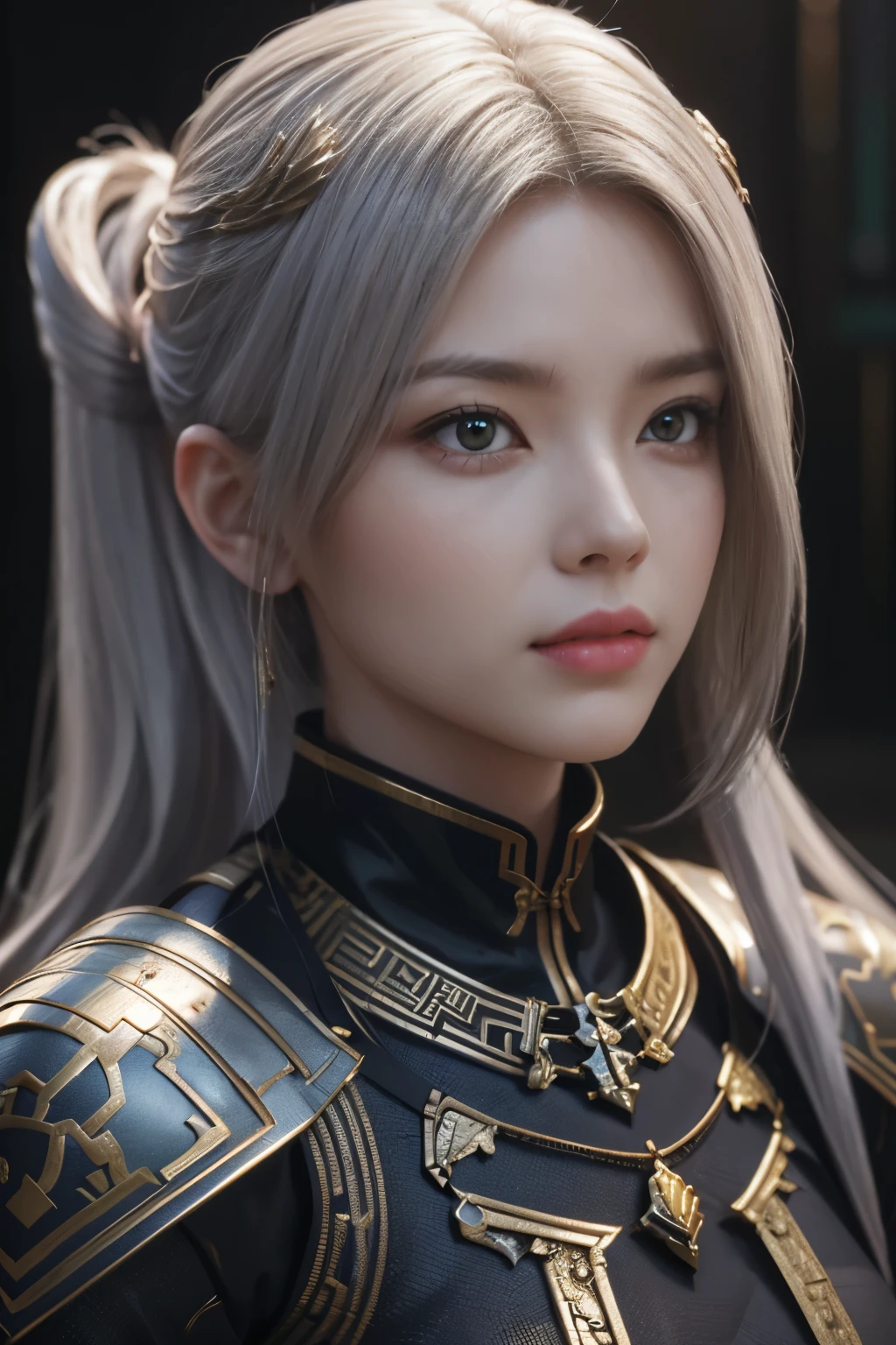 Game art，The best picture quality，Highest resolution，8K，(A bust photograph)，(Portrait)，(Head close-up:1.5)，(Rule of thirds)，Unreal Engine 5 rendering works， (The Girl of the Future)，(Female Warrior)， 22岁少女，(Female hackers)，(White and red gradient，Ancient Oriental hairstyle)，((The pupils of the red eyes:1.3))，(A beautiful eye full of detail)，(Big breasts)，(Eye shadow)，优雅迷人，冷漠，((Anger))，(Cyberpunk jacket full of futuristic look，Joint Armor，There are exquisite Chinese patterns on the clothes，A flash of jewellery)，赛博朋克人物，未来风格， 拍照姿势，城市背景，Movie lights，Ray tracing，Game CG，((3D Unreal Engine))，oc渲染反射纹