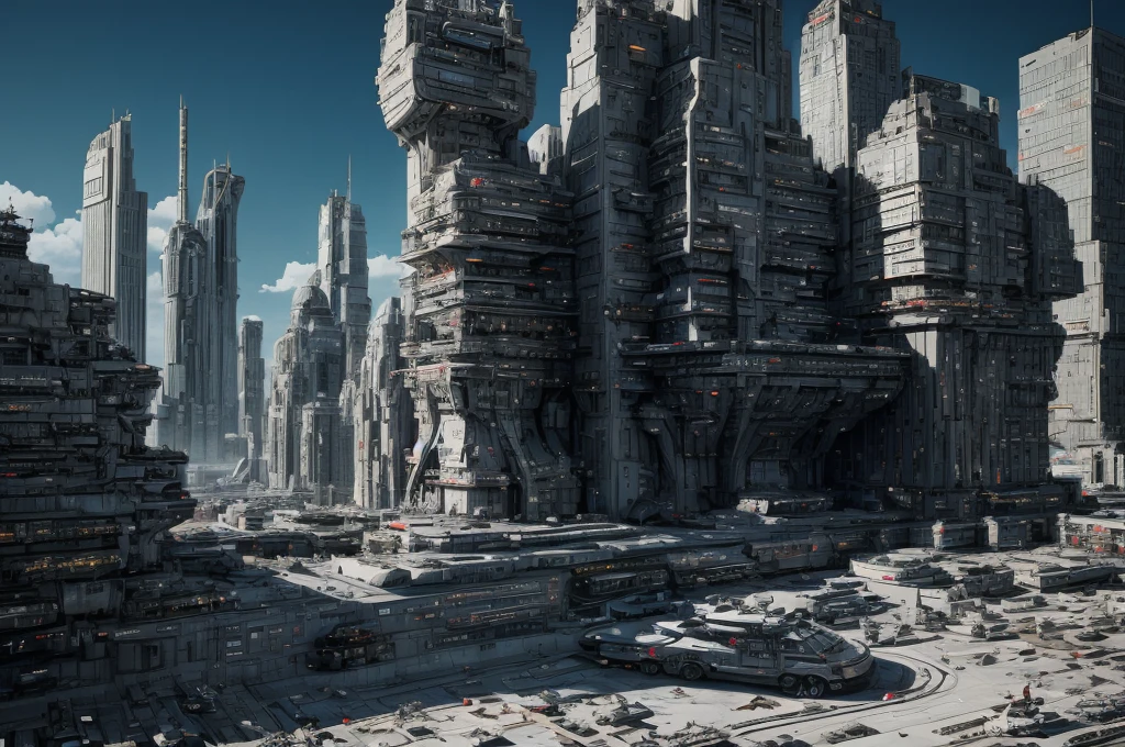 Incredible fantasy city, mega skyscrapers, flying cars, space elevator towers, Super Detail, trees, flowers, Many different buildings, spaceships in the sky, Ultra detail, many elements, blue and gold, yellow numbers on buildings, straight and smooth lines, Street, evening, A lot of cars, sharp lines, contrast, City River, water fall, trees по берегу, fault in the earth&#39;s crust, deep crevice, You can't see the ground, Very high, helicopter landing pads, interceptor hangars.
