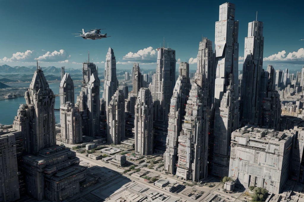 Incredible fantasy city, mega skyscrapers, flying cars, space elevator towers, Super Detail, trees, flowers, Many different buildings, spaceships in the sky, Ultra detail, many elements, blue and gold, yellow numbers on buildings, straight and smooth lines, Street, evening, A lot of cars, sharp lines, contrast, City River, water fall, trees по берегу, fault in the earth&#39;s crust, deep crevice, You can't see the ground, Very high, helicopter landing pads, interceptor hangars.