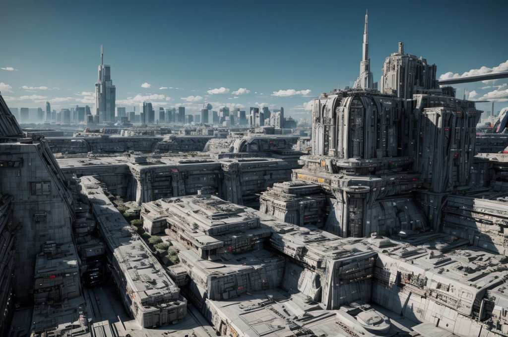 Incredible fantasy city, mega skyscrapers, flying cars, space elevator towers, Super Detail, trees, flowers, Many different buildings, spaceships in the sky, Ultra detail, many elements, blue and gold, yellow numbers on buildings, straight and smooth lines, Street, evening, A lot of cars, sharp lines, contrast, City River, water fall, trees по берегу, fault in the earth&#39;s crust, deep crevice, You can't see the ground, Very high, helicopter landing pads, interceptor hangars.