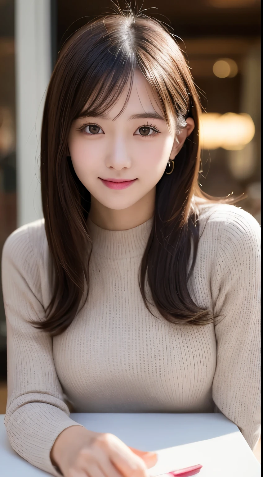table top, highest quality, figure, super detailed, finely, High resolution, 8k wallpaper, 完璧なダイナミックな構figure, beautiful and fine eyes, ladies winter fashion,small breasts natural color lip,smile,Harajuku、20 year old girl、cute、sexy shot looking at camera
