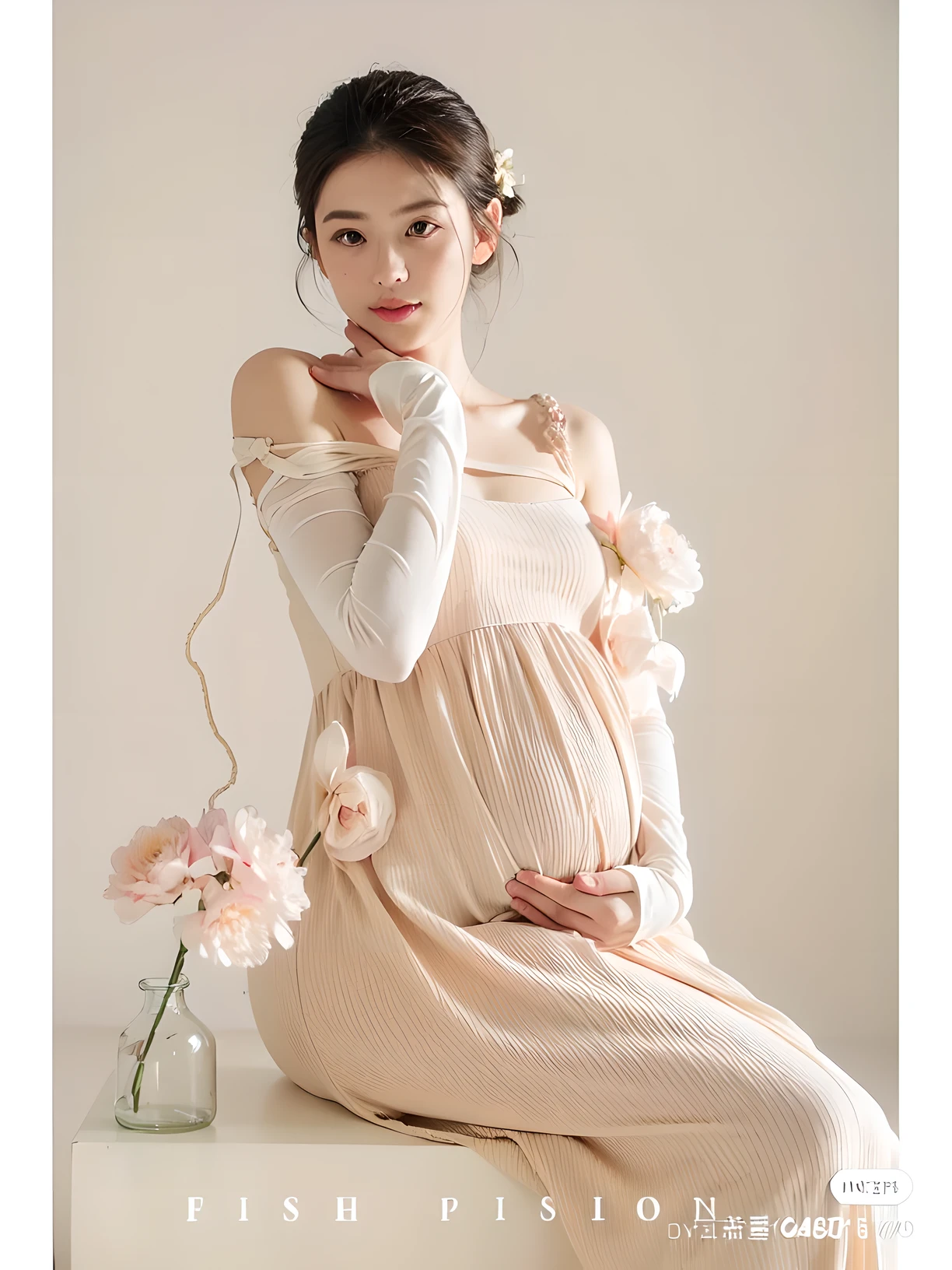 pregnant woman in a dress sitting on a table with flowers, maternal photography 4 k, full length view, maternal feeling, Soft silk dress, chiffon, 怀pregnant, tranquil and graceful, vivid), beauty, isabella, Wearing yellow gauze, pregnant, The light is delicate and soft, olivia, satin, pregnant belly, peach, cotton cloth, dreamy soft, picture, elegant lady