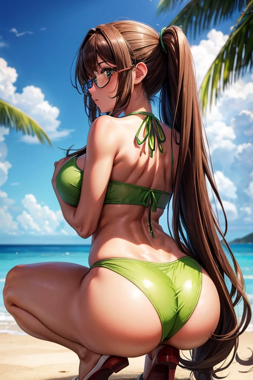 high resolution, high quality, 1 girl, anime girl, Brown hair long hair, brown eyes, Green glasses, tanned skin, big breasts, big ass, squat,Halter Top,Back Pose,lower body,