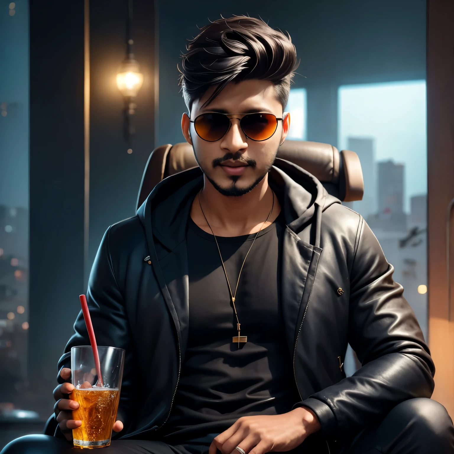 dark blue HUD aviator sunglasses,  young Nilesh with black hair and drinking glass and cigarette in hand sitting on coach dressed in cyberpunk clothes wearing black raincoat, beautiful digital painting, artstation