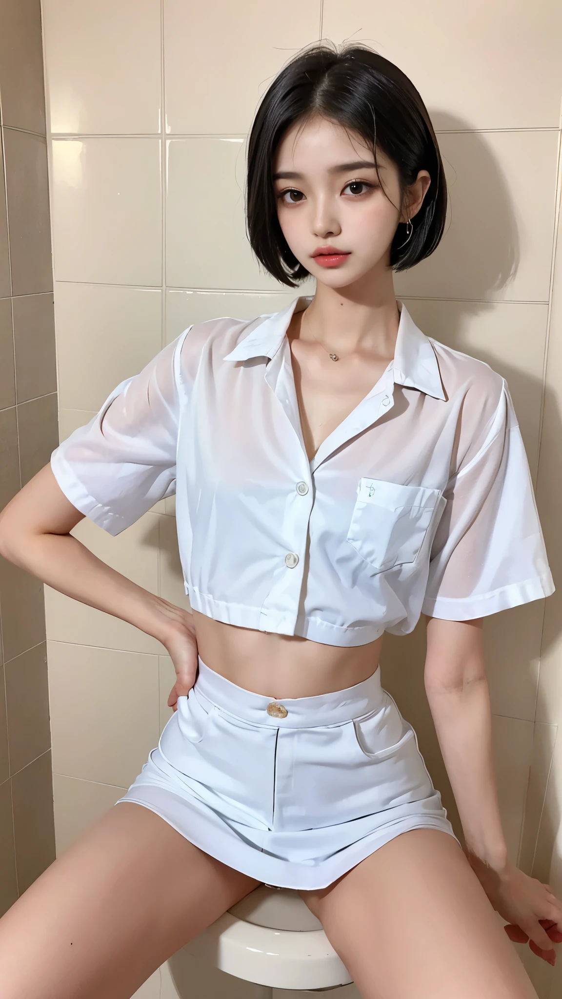 ((top quality, 16k, masterpiece: 1.3)), Mulheres Bonitas com Figura Perfeita: 1.4, slim abs: 1.2, (((short straight hair)), ((small: 1.4)), ((kpop idol: 1.3)), (Shower water)), ((White shirt)), (bathroom)), Highly detailed facial and skin textures, (posture)), (Tempting)), (spread your legs))