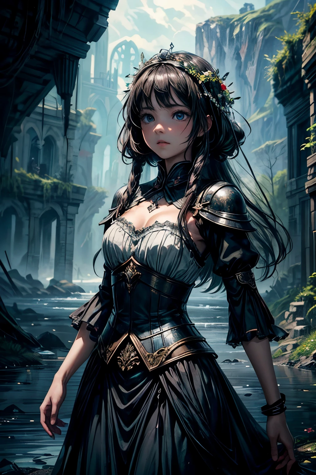 A beautifully tragic scene unfolds as a peasant girl gracefully navigates through a solemn landscape strewn with the lifeless bodies of noble knights. The image, perhaps a sorrowful painting, captures the delicate balance between beauty and sorrow. Each step she takes is filled with ethereal grace, her flowing gown contrasting against the darkened earth. The girl's youthful visage, untouched by the horrors surrounding her, shines like a beacon of hope amidst a sea of despair. With exquisite attention to detail, the intricate brushwork brings life to her radiant features and the fallen warriors' armor. This mesmerizing artwork conveys the fragile juxtaposition of innocence and mortality, leaving viewers captivated by its profound storytelling.