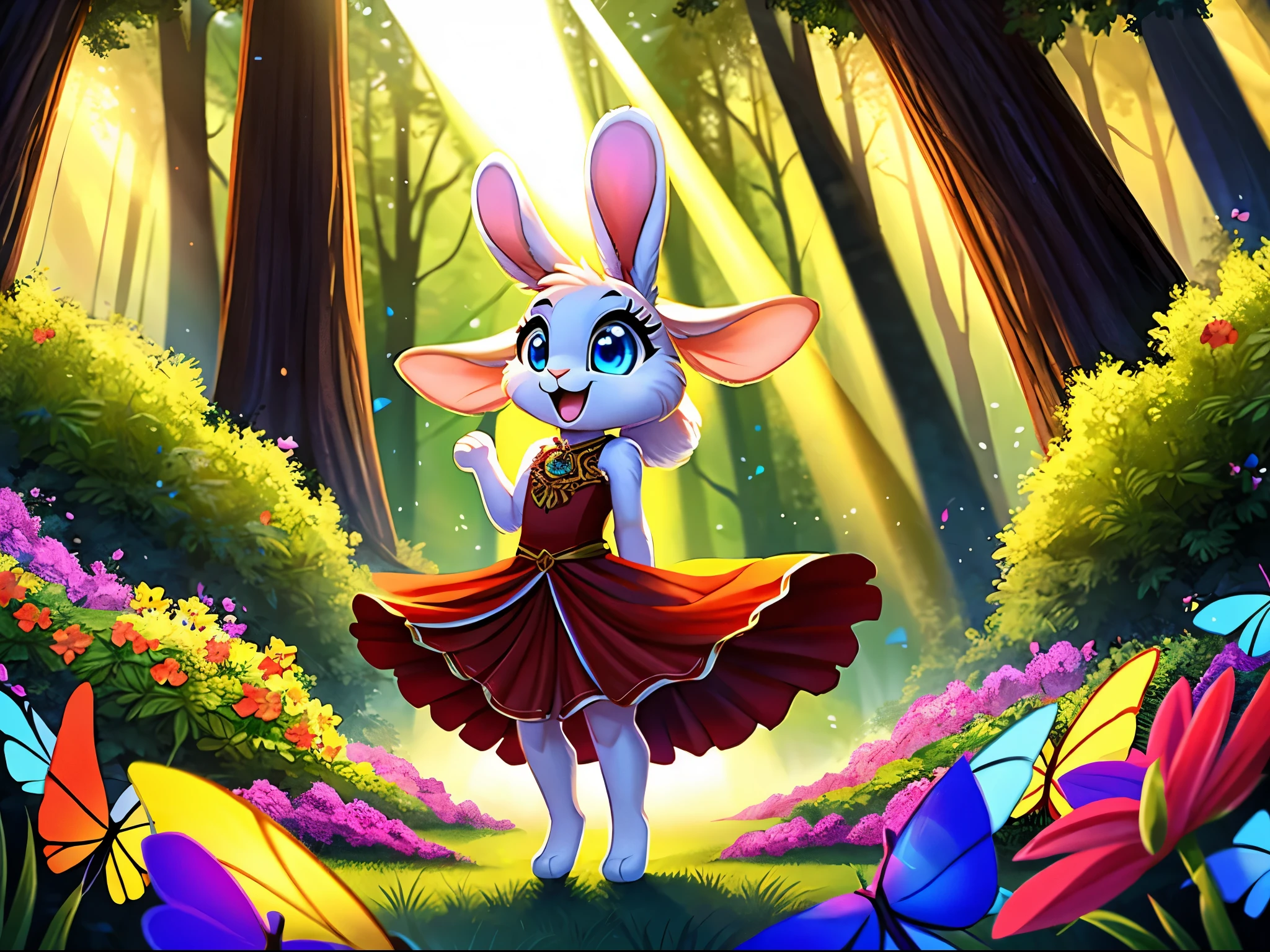 zoomed out image, fantasy style art, cute, adorable, short, tiny, little fluffy female white bunny with blue eyes, 2 extra ears, 4 ears, big floppy ears, long ears, ears perked up, raised ears, long eyelashes, poofy rabbit tail, smiling, standing in a thick redwood forest, wearing a red frilly dress, big expressive smile, open mouth, wide eyes, excited eyes, excited face, stunning visuals, sunlight coming through the trees, colorful flowers scattered in the bushes, colorful butterflies flying around, digital illustration