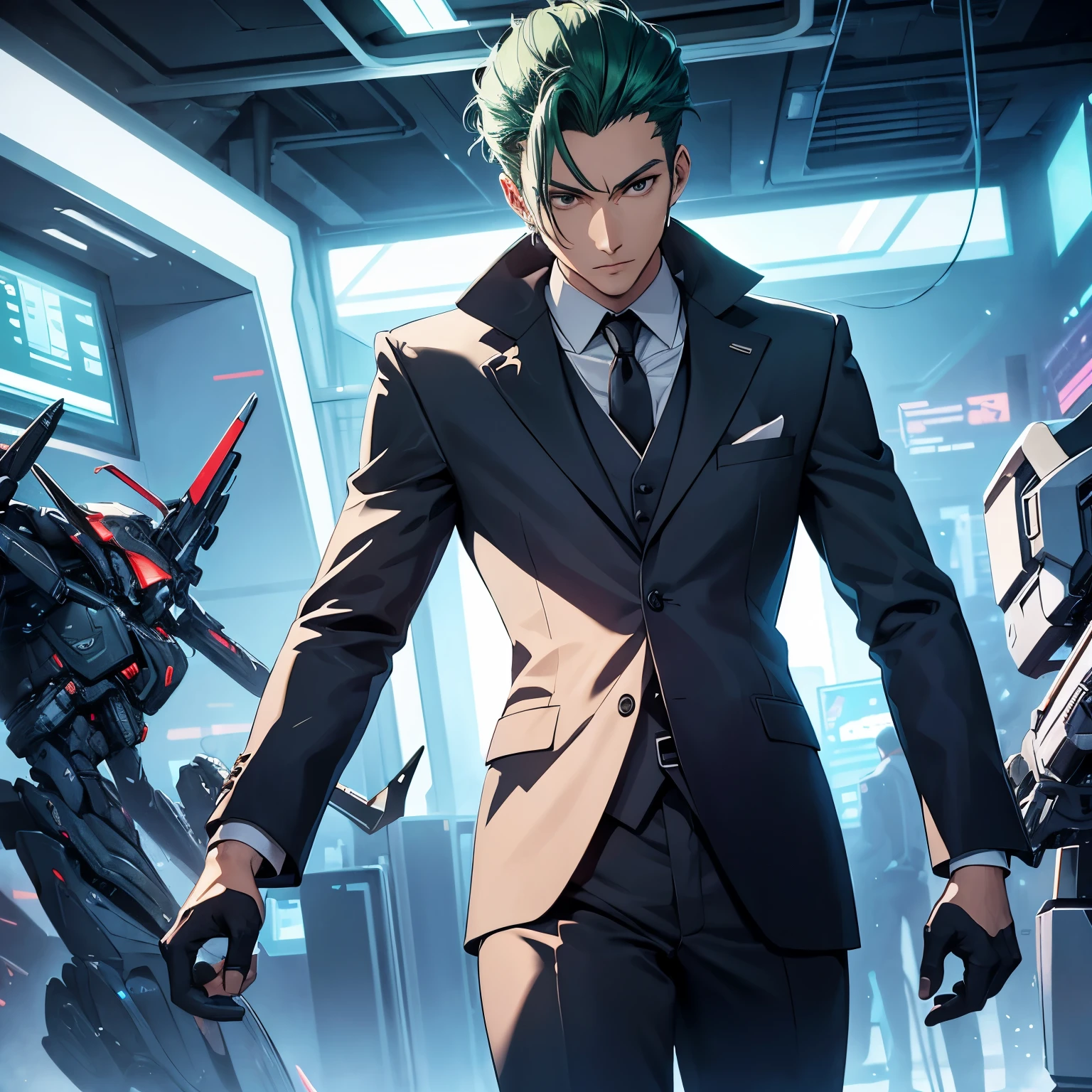 Close-up of a person wearing a suit and tie standing in a room, Discarded mecha suit in the background, wearing netrunner clothes, 2b, 2b, At Intergalactic Headquarters, dapper dream demon, cyberspace cowboy, lunch time on uranus, style of final + fantasy + 1 5, skinny male fantasy scientist, virtual chat, whole body! shot green hair