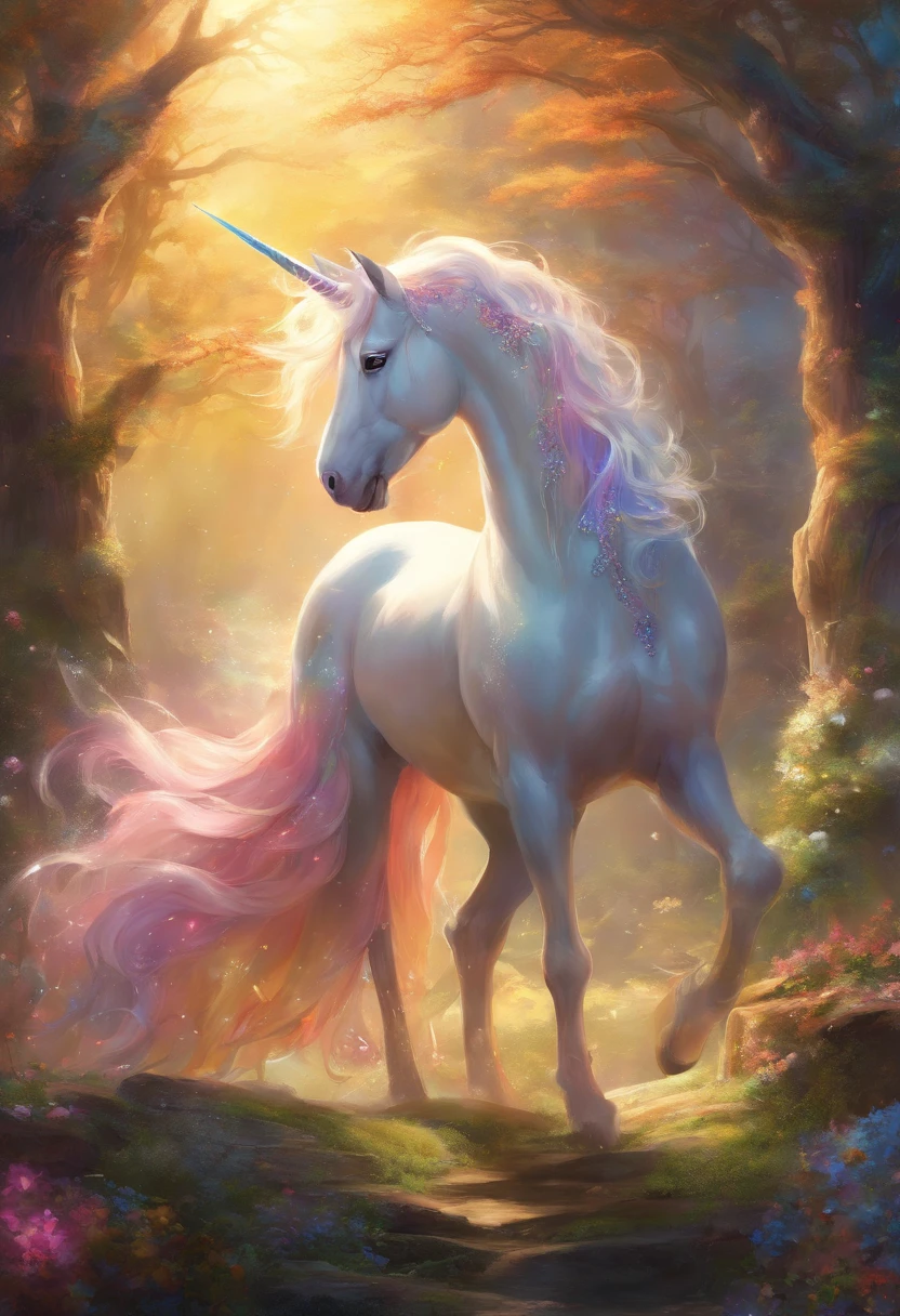 best quality,ultra-detailed,4k,extremely detailed illustration,(Mythical world),(delicate and precise),(intricate details),(unicorn:1.3),((pink purple light blue mane:1.3)), big shining horn, night