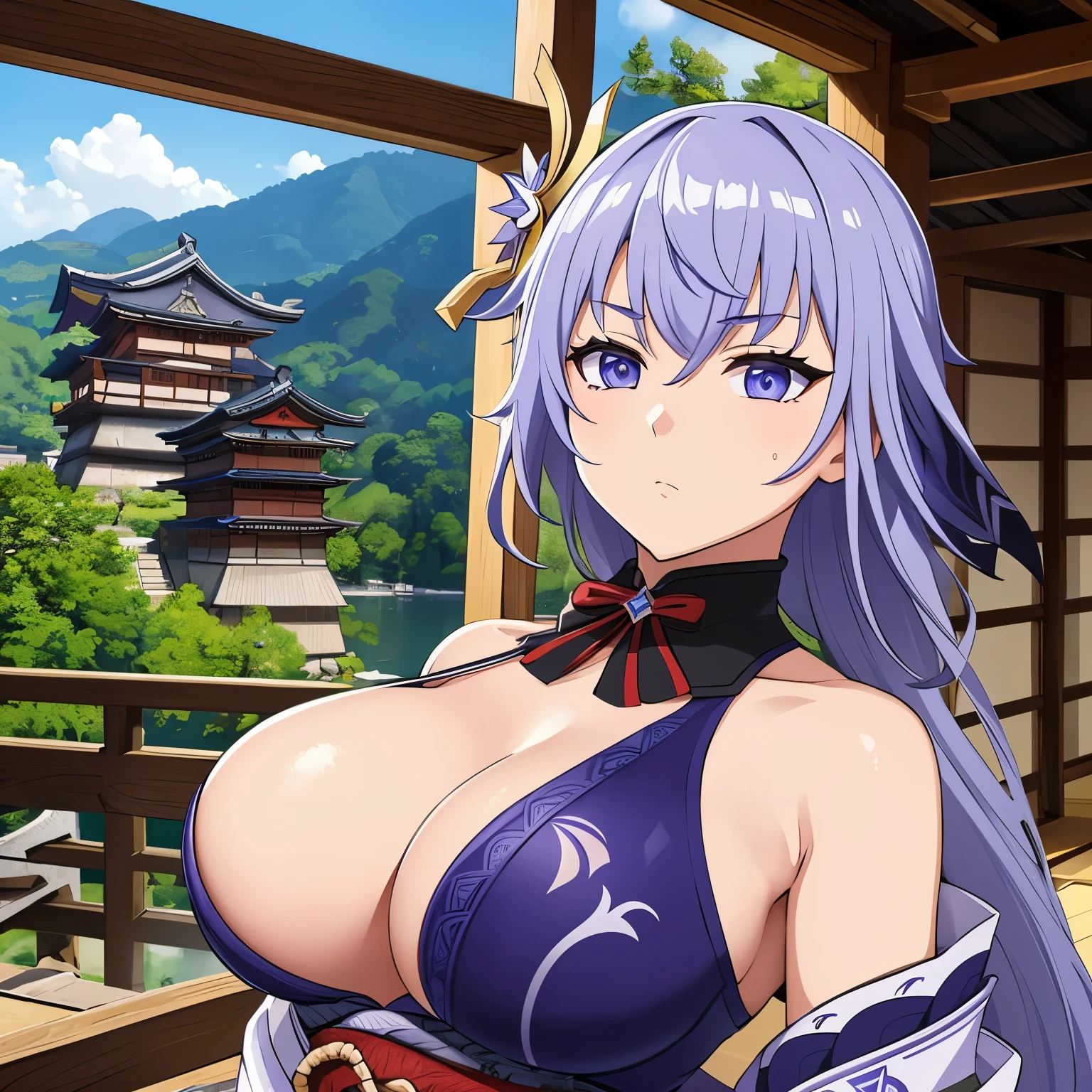 best quality, masterpiece, upper body, Raiden Shogun from Genshin Impact, staring at camera, japanese medieval villages in the background, having sex with camera