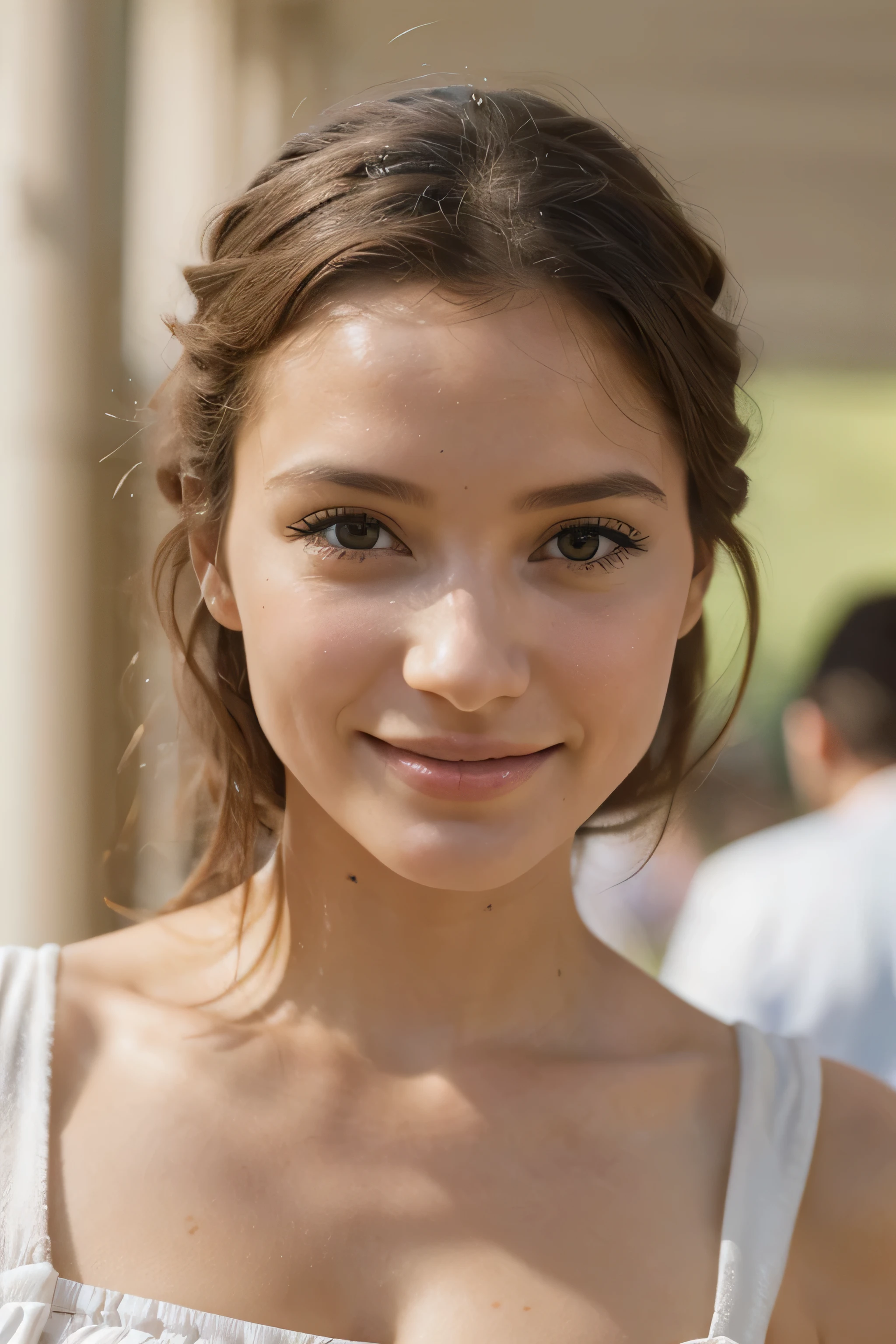 une jolie jeune femme souriante marche dans une galerie marchande, Photorealism, Fond flou, profondeur de champ courte, profondeur de champ, gros plan sur le visage