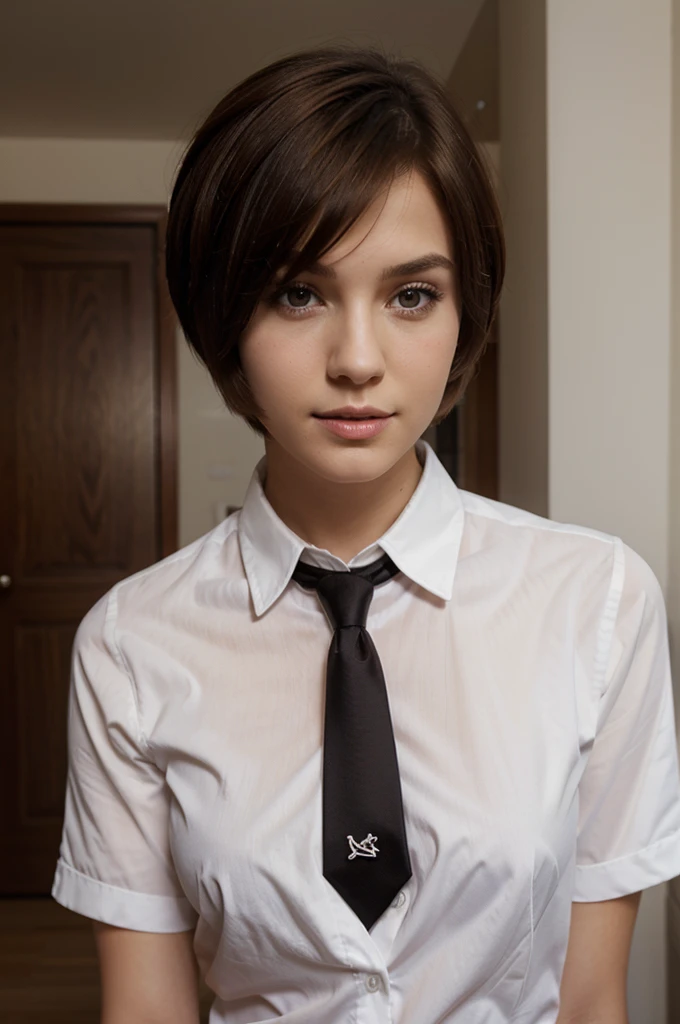 woman wearing a tie and a white shirt, with short hair, beautiful woman, cute, gorgeous young woman, brown hair, pretty