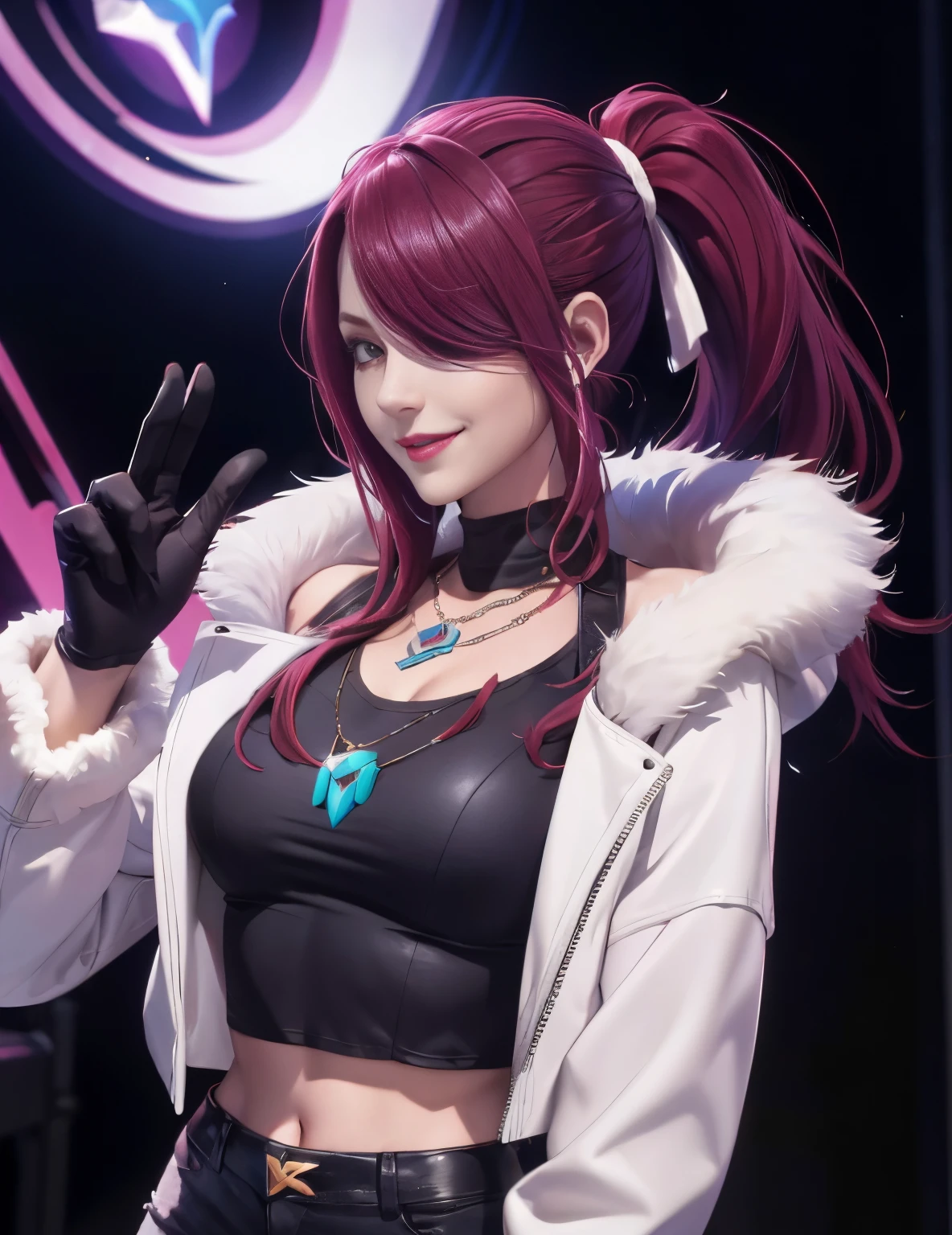 Akali kda prestige, 1girl, solo, long hair, breasts, jewelry, medium breasts, ponytail,red hair, necklace, hair over one eye, lips, makeup, white headwear, upper body, epic light, crop black top, fur trim, jacket, concert hall, white gloves, white tight pants, k/da (league of legends), standing, wave hand, looking away, smile