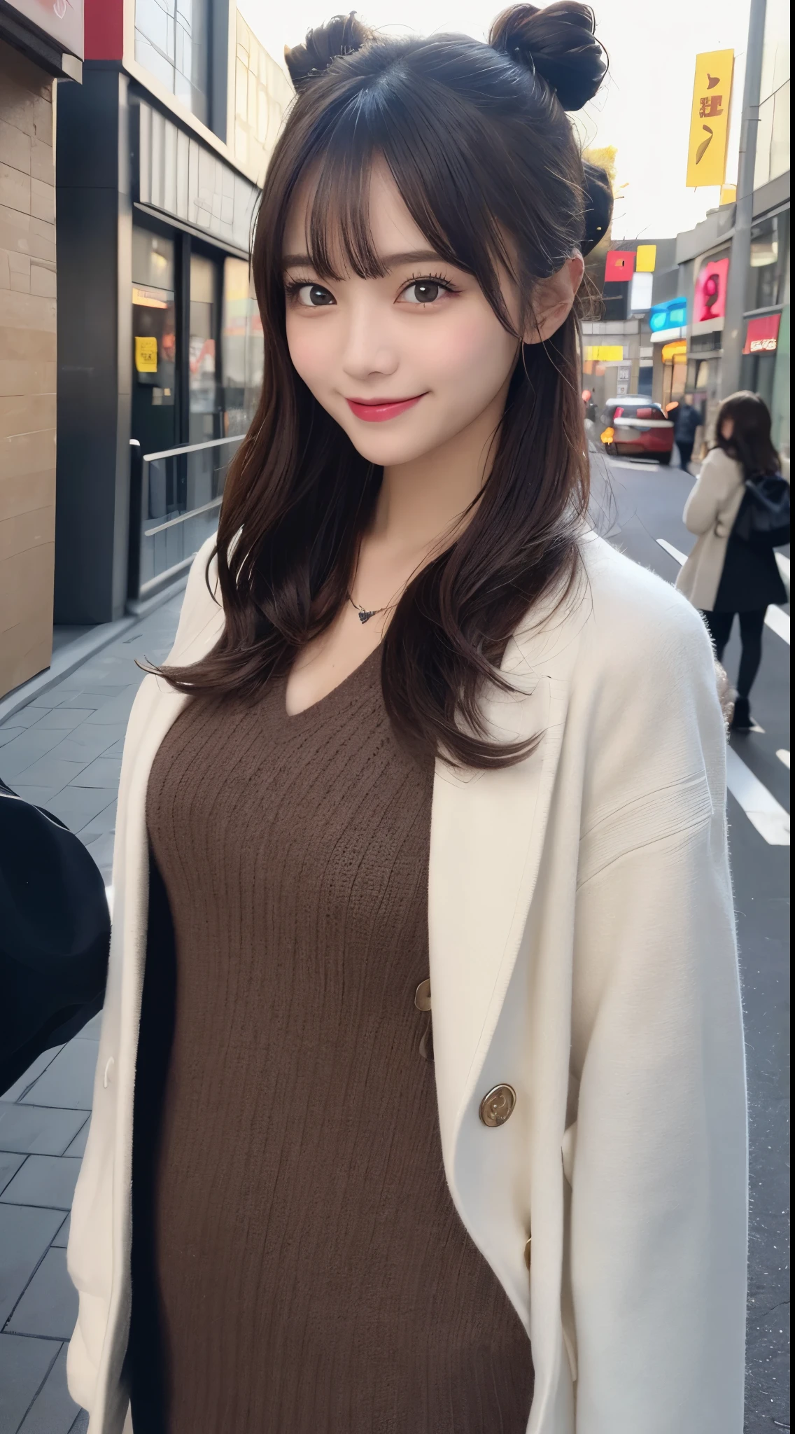 masutepiece, Best Quality, Illustration, Ultra-detailed, finely detail, hight resolution, 8K Wallpaper, Perfect dynamic composition, Beautiful detailed eyes, Trendy Women's Fashion Winter Clothes,Bun hair,Small breasts natural color lip, sexypose,Smile,Harajuku、20 years girl、Cute、is looking at the camera