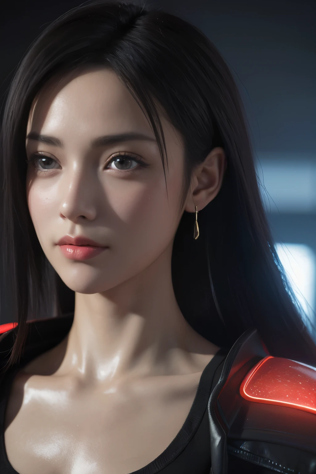 Game art，The best picture quality，Highest resolution，8K，(A bust photograph)，(Portrait)，(Head close-up:1.5)，(Rule of thirds)，Unreal Engine 5 rendering works， (The Girl of the Future)，(Female Warrior)， 22岁少女，(Female hackers)，(White and red gradient，Ancient Oriental hairstyle)，((The pupils of the red eyes:1.3))，(A beautiful eye full of detail)，(Big breasts)，(Eye shadow)，优雅迷人，冷漠，((Anger))，(Cyberpunk jacket full of futuristic look，Joint Armor，There are exquisite Chinese patterns on the clothes，A flash of jewellery)，赛博朋克人物，未来风格， 拍照姿势，城市背景，Movie lights，Ray tracing，Game CG，((3D Unreal Engine))，oc渲染反射纹