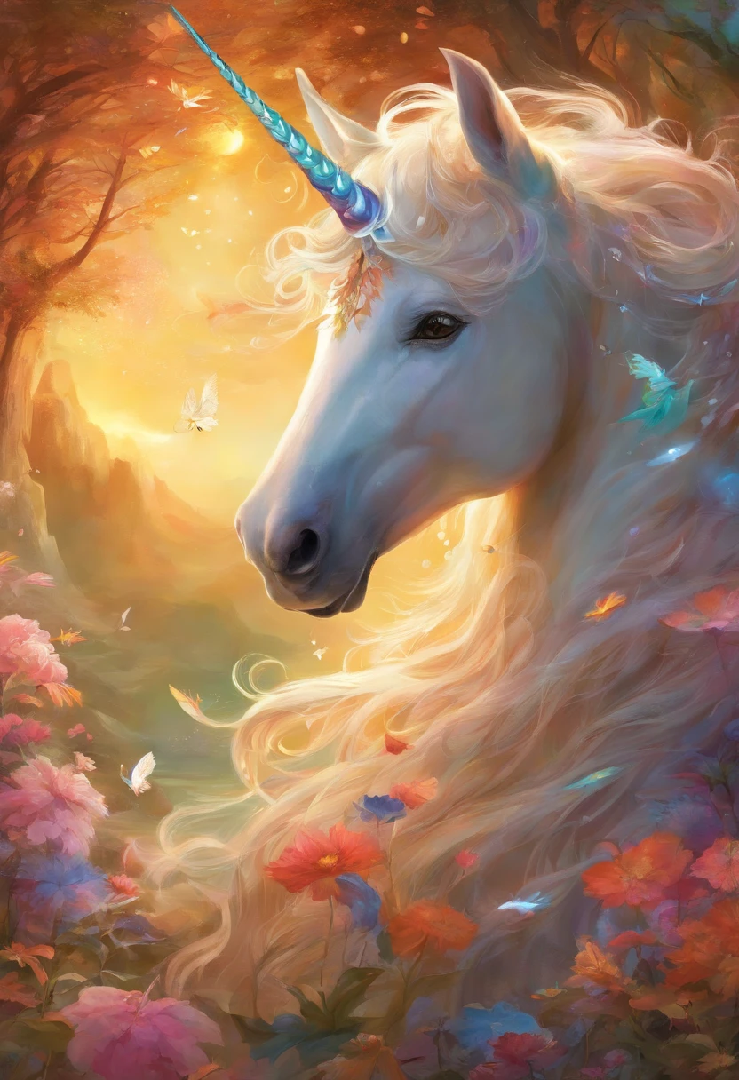 best quality,ultra-detailed,4k,extremely detailed illustration,(Mythical world),(delicate and precise),(intricate details),(unicorn:1.3),((pink purple light blue mane:1.3)), big shining horn, night