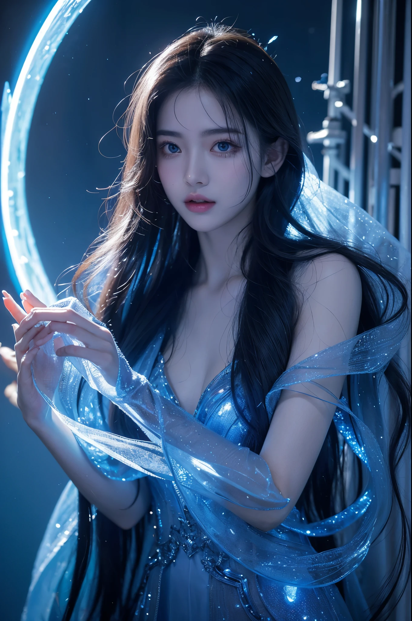 Full figure, seven -clinging shooting, 18 years old, wearing transparent science fiction clothes, exquisite faces, details, hands, ultimate details, amazing magnificence, LED internal lighting, Pedaipan style, fiber hair, glowing blue iris, glowing blue iris, sitting, (sexy girl)