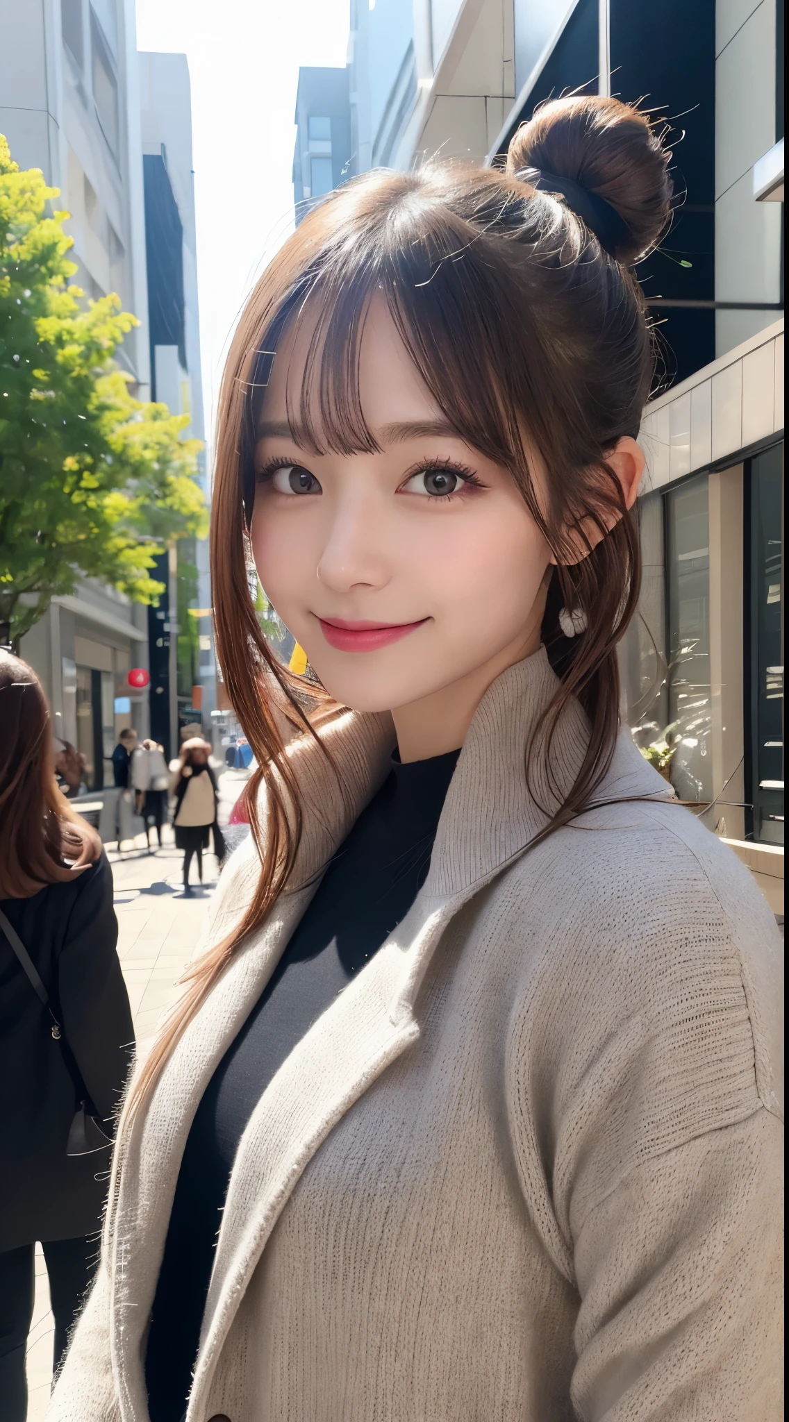 masutepiece, Best Quality, Illustration, Ultra-detailed, finely detail, hight resolution, 8K Wallpaper, Perfect dynamic composition, Beautiful detailed eyes, Trendy Women's Fashion Winter Clothes,Bun hair,Small breasts natural color lip, pose,Smile,Harajuku、20 years girl、Cute、is looking at the camera