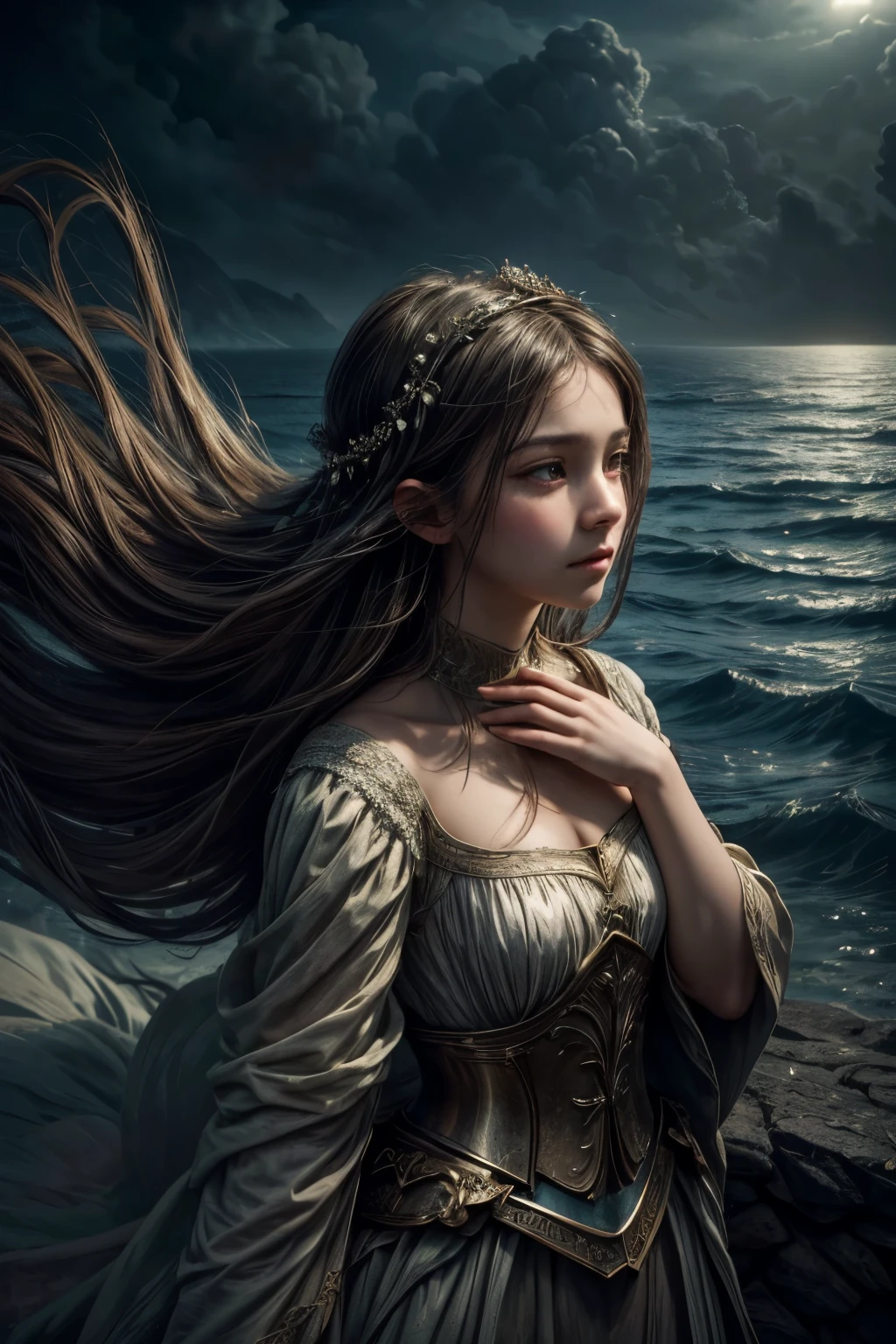 A beautifully tragic scene unfolds as a peasant girl gracefully navigates through a solemn landscape strewn with the lifeless bodies of noble knights. The image, perhaps a sorrowful painting, captures the delicate balance between beauty and sorrow. Each step she takes is filled with ethereal grace, her flowing gown contrasting against the darkened earth. The girl's youthful visage, untouched by the horrors surrounding her, shines like a beacon of hope amidst a sea of despair. With exquisite attention to detail, the intricate brushwork brings life to her radiant features and the fallen warriors' armor. This mesmerizing artwork conveys the fragile juxtaposition of innocence and mortality, leaving viewers captivated by its profound storytelling.