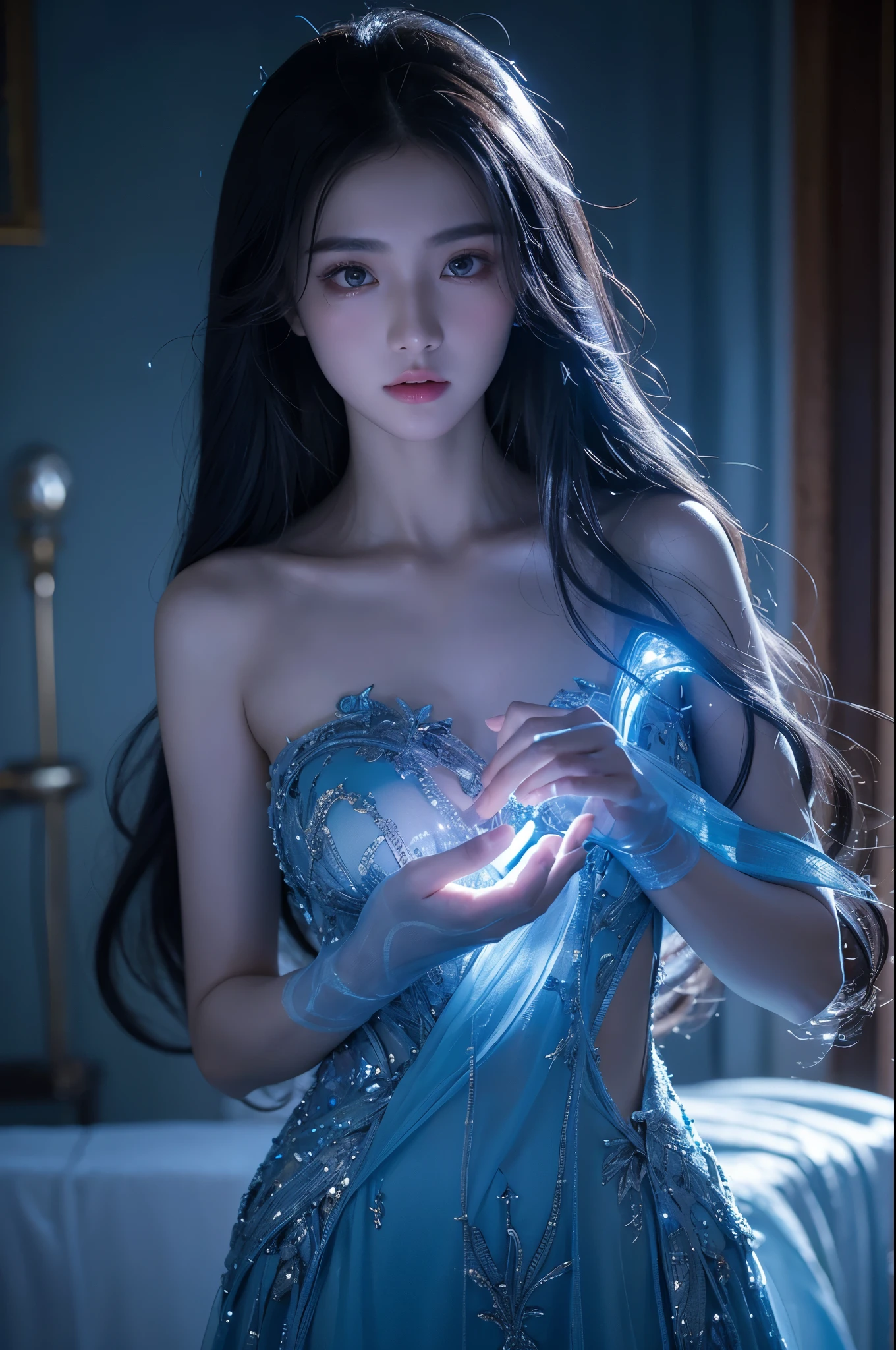 Full figure, seven -clinging shooting, 18 years old, wearing transparent science fiction clothes, exquisite faces, details, hands, ultimate details, amazing magnificence, LED internal lighting, Pedaipan style, fiber hair, glowing blue iris, glowing blue iris. ,,