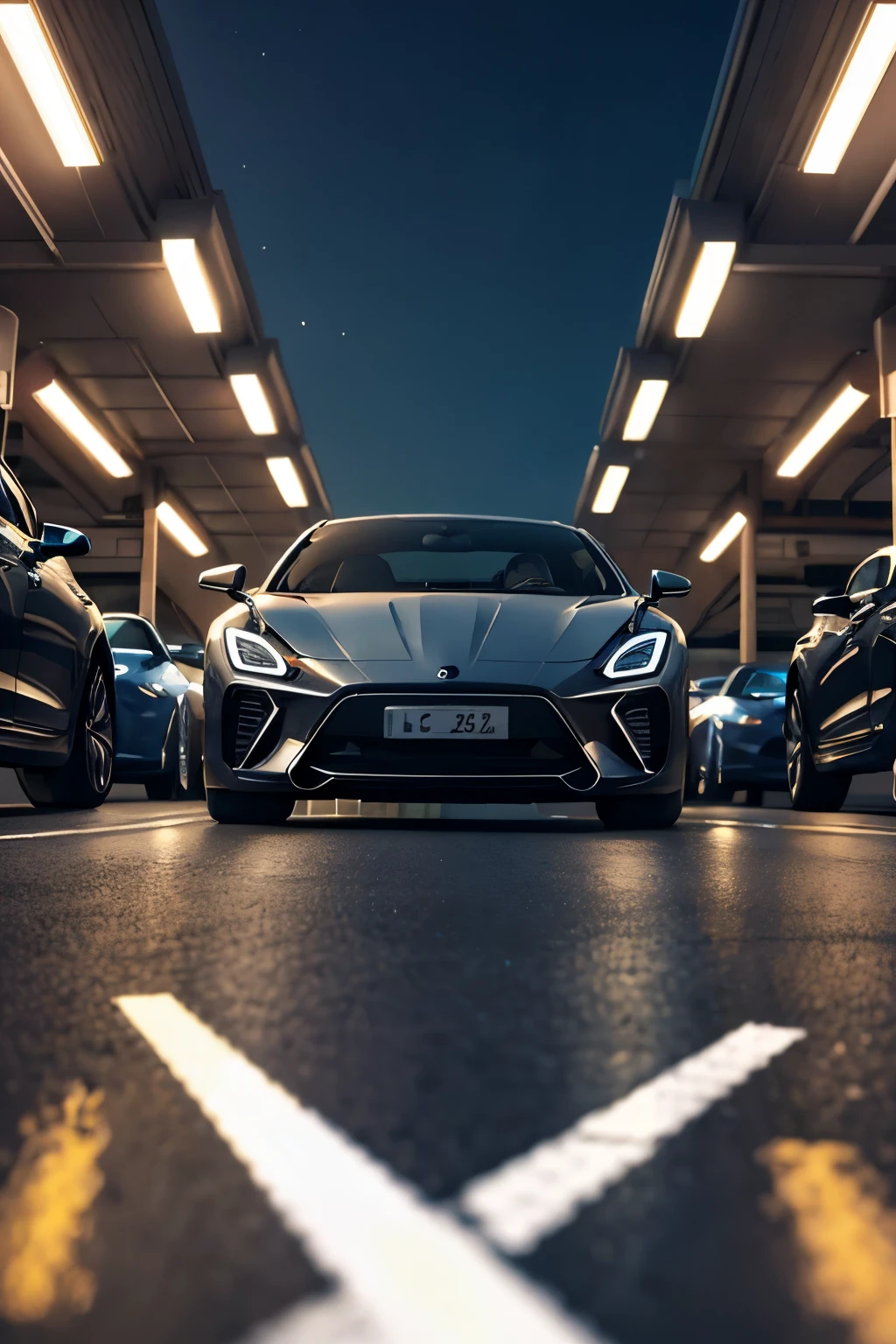 Car charging station, sleek cars parked in a row, high definition 4K, super sharp textures, realistic and detailed, soft cinematic lights, HDR, clear focus, meticulously polished surfaces, futuristic and glossy, gleaming headlights, reflections shimmering on parked bodies, captivating scene, captivating image, premium photo, captured with advanced technology, state-of-the-art camera equipment.