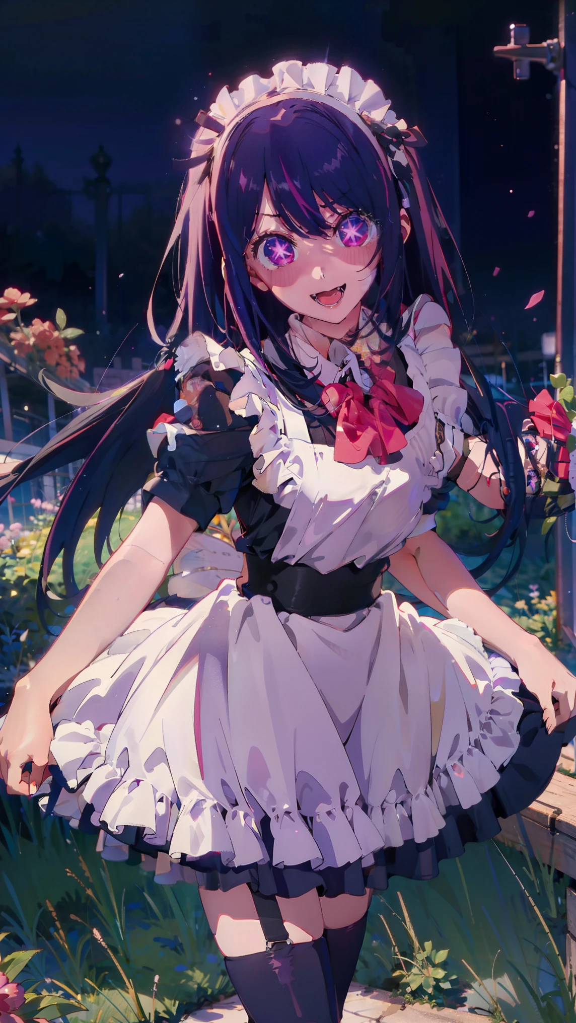 Top quality, ultra-high definition, masterpiece, 8K, Long hair, purple eyes, star in the eyes， thighs, sexy, skirt, full body, garden, hair dominated ，Laugh, Open Mouth, Ai Hoshino, Black Maid Costume, Gothic ****ta, Headband, Garter Belt，Black Costume