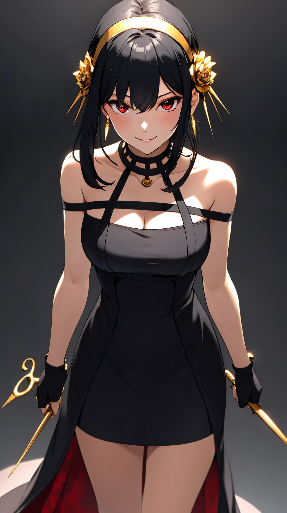 yor briar, anime style beutiful woman, 1girl, happy, smile, red face, closed mouth, beautiful detailed eyes, super detailed skin, backlighting, bare shoulders, black background, black dress, black gloves, black hair, breasts, dress, earrings, fingerless gloves, floating hair, floral print, flower, gloves, gold earrings, gold hairband, hair flower, hair ornament, hairband, holding, holding weapon, jewelry, large breasts, long hair, looking at viewer, off-shoulder dress, off shoulder,red eyes, short hair with long locks, sidelocks, solo, spikes, thighs, two-sided dress, two-sided fabric, weapon, fighting stance , face, close up, from above, highest quality, high resolution.