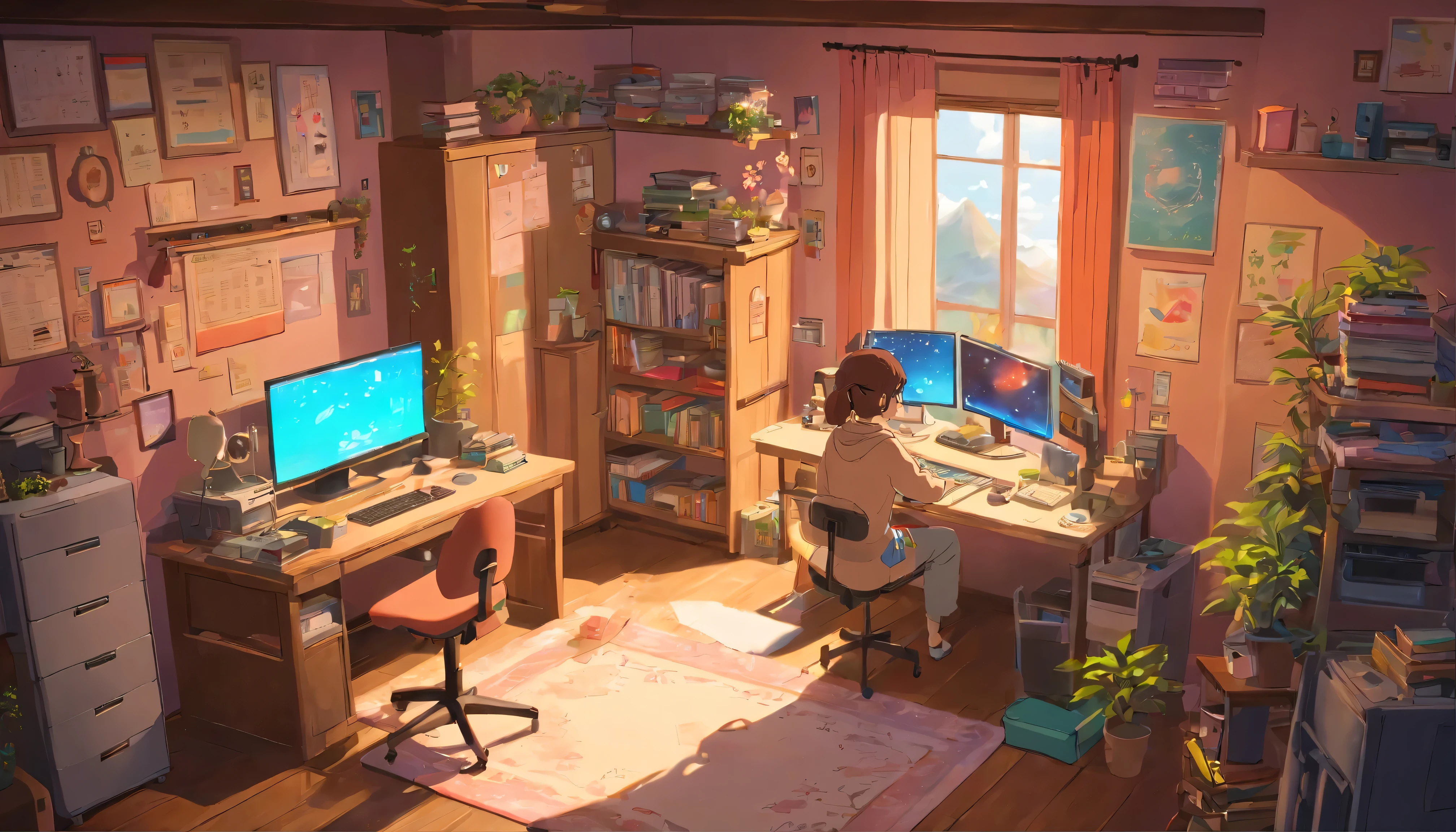 a lofi girl programmer in front of his computer station, cozy and messy room, lofi-girl, unreal engine 5 render. isometric cube cutout of a messy room with, isometric 3d render, detailed, ideal symmetry, perfect alignment, 8k, muted hues, bloom from screen illuminations