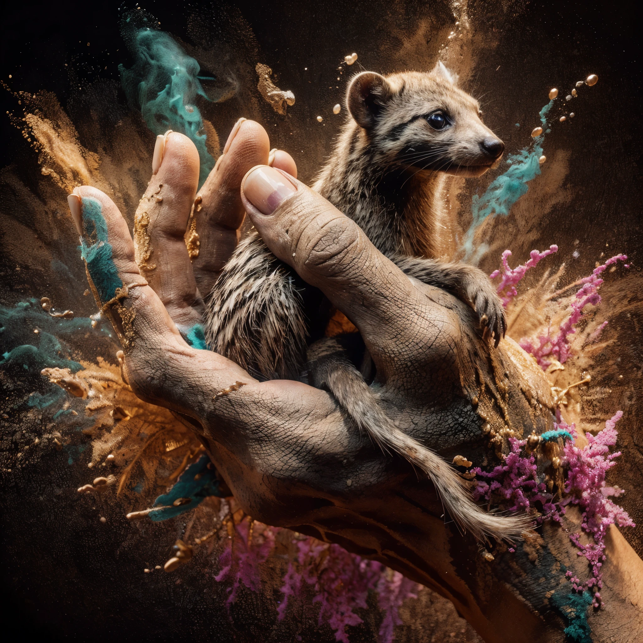 A highly detailed close-up image captures the hand of Mummy holding an civet with splash and smoke effect showcasing a skin and body texture meticulously crafted to emulate real human features. The deliberate addition of a weathered appearance, enhanced by a vibrant array of multi-color splashes, contributes to an overall textured. high quality, 32k, super detail in resolution, high detailed, HD cinematic