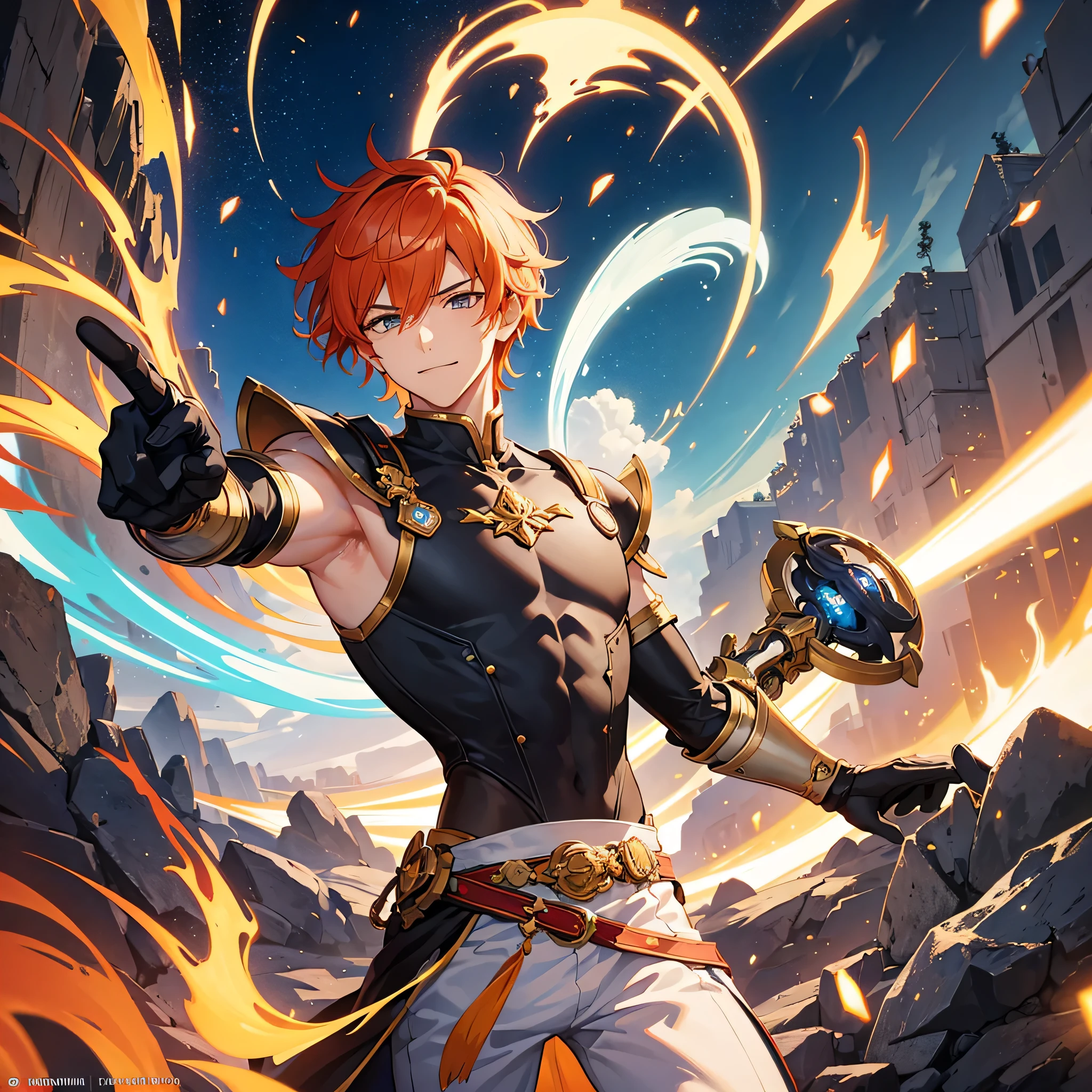 Young guy, short orange hair, cat ears, blue eyes, open torso, Battle mantle, Smile, Masterpiece, hiquality