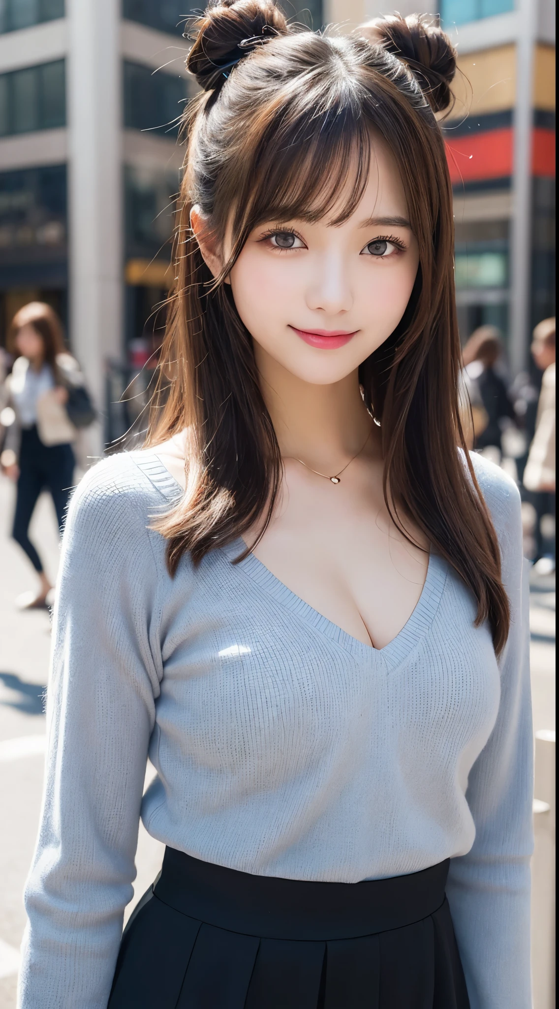 masutepiece, Best Quality, Illustration, Ultra-detailed, finely detail, hight resolution, 8K Wallpaper, Perfect dynamic composition, Beautiful detailed eyes, Trendy Women's Fashion Winter Clothes,Bun hair,Small breasts natural color lip, sexypose,Smile,Harajuku、20 years girl、Cute、is looking at the camera