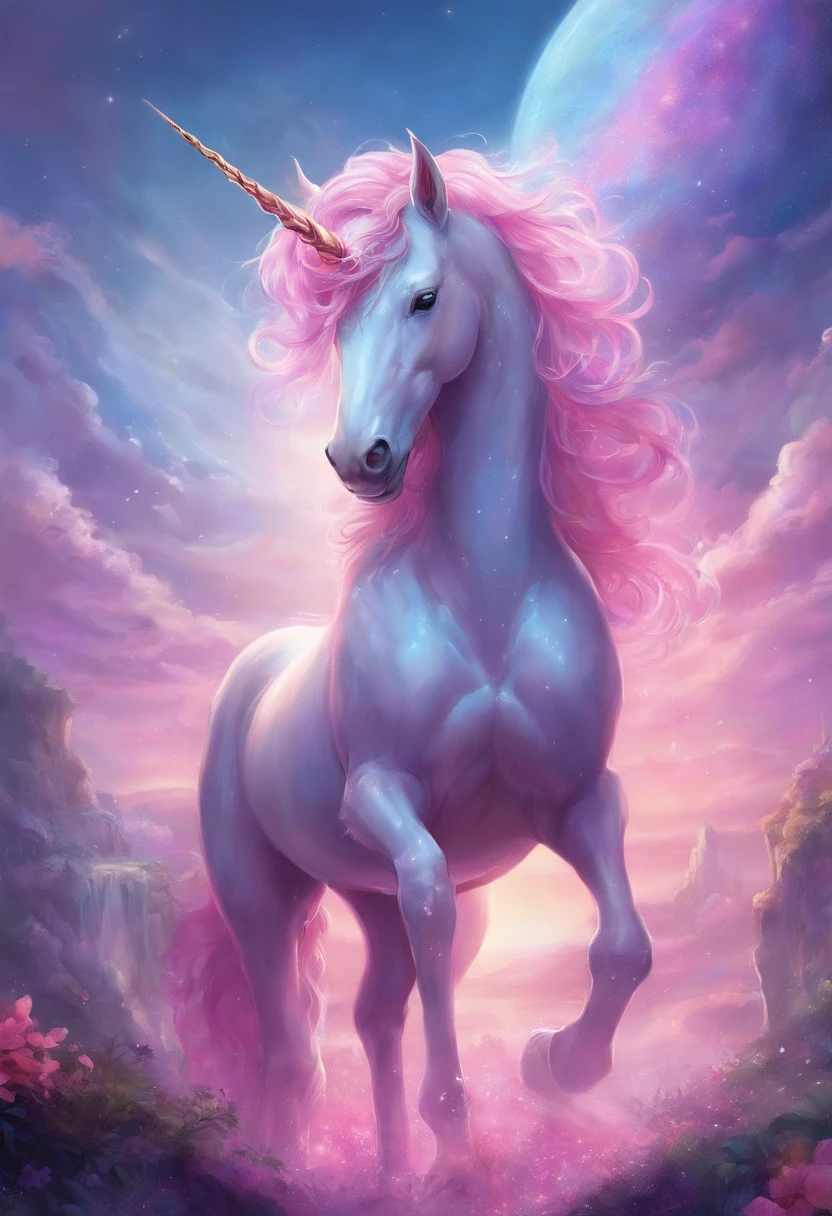 best quality,ultra-detailed,4k,extremely detailed illustration,(Mythical world),(delicate and precise),(intricate details),(unicorn:1.3),((pink purple light blue mane:1.3)), big shining horn