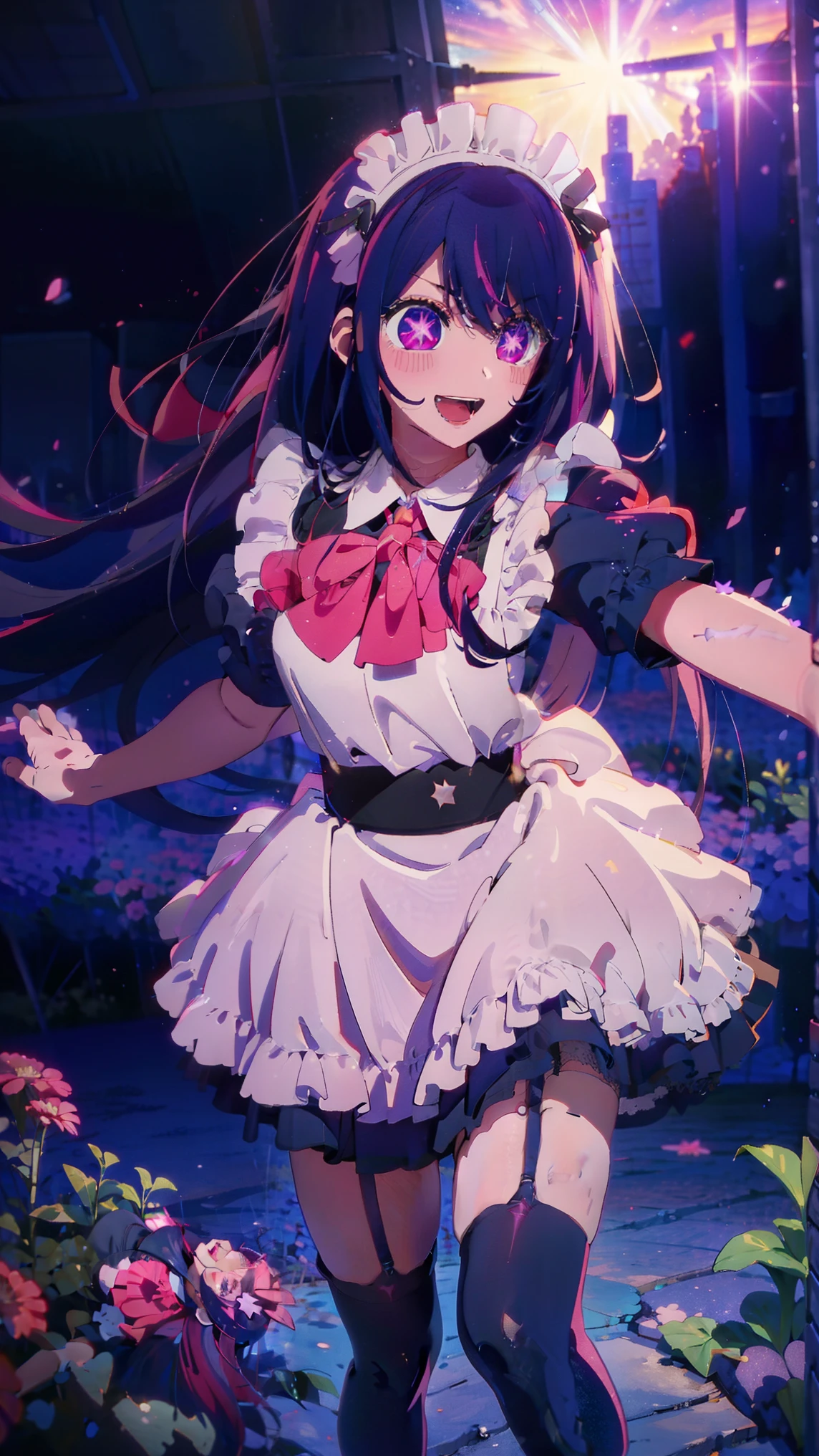 Top quality, ultra-high definition, masterpiece, 8K, Long hair, purple eyes, star in the eyes， thighs, sexy, skirt, full body, garden, hair dominated ，Laugh, Open Mouth, Ai Hoshino, Black Maid Costume, Gothic ****ta, Headband, Garter Belt，Black Costume