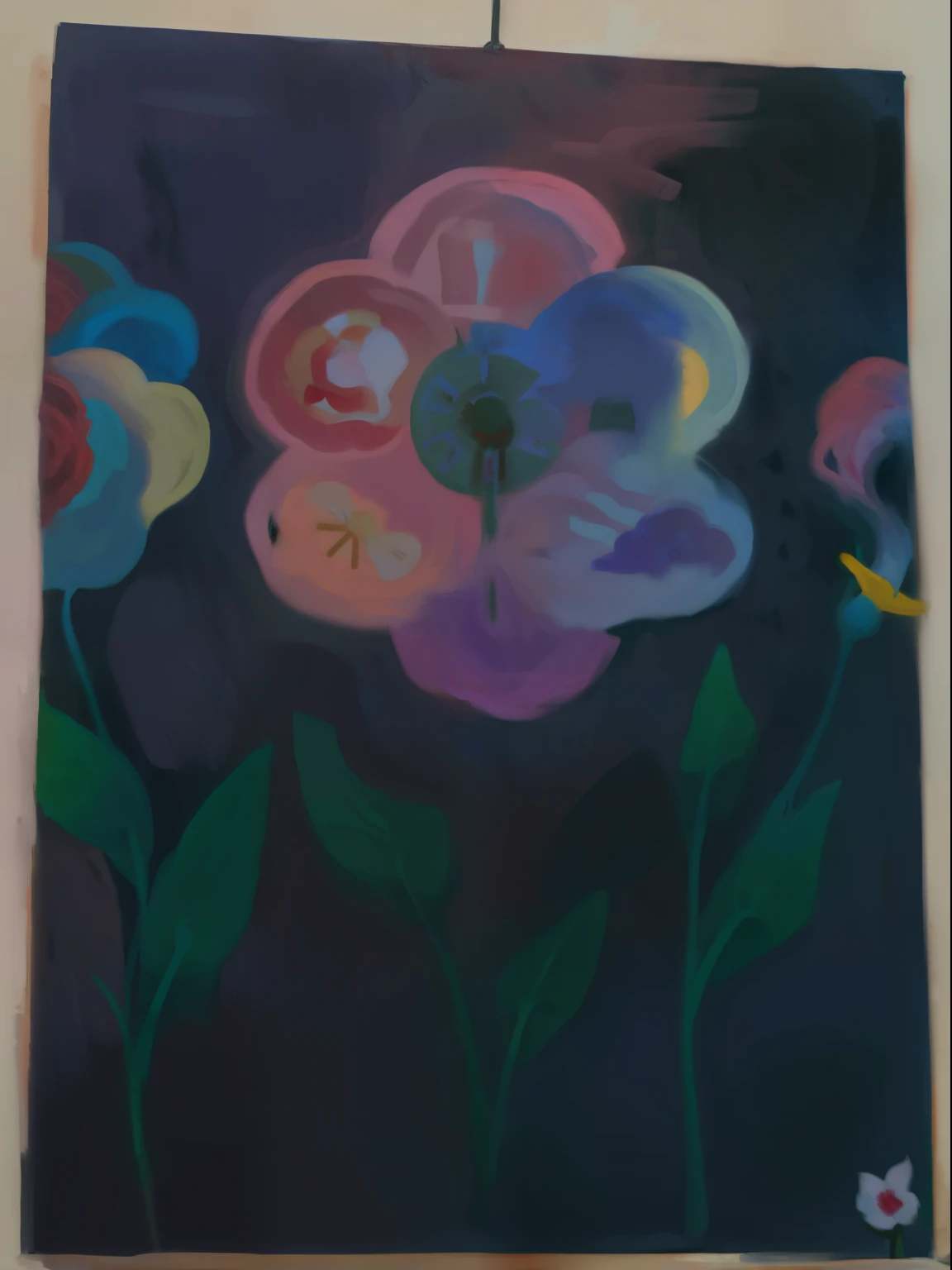painting of a painting of flowers on a wall with a clock, inspired by Ross Bleckner, inspired by O'Keeffe, inspired by Moïse Kisling, inspired by József Rippl-Rónai, swirling flowers, inspired by Georgia O'Keeffe, inspired by Georgia O’Keeffe