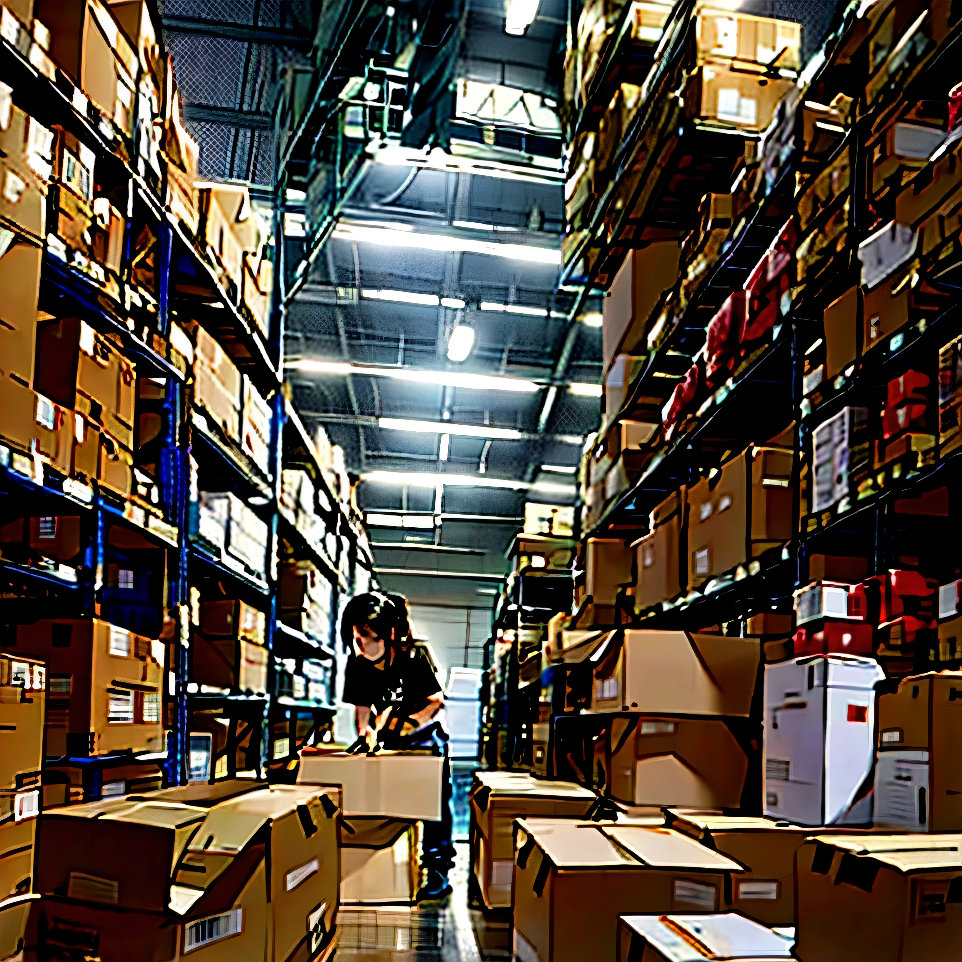 8K , Complex, super fine,very detailed, majestic, digital photography, Composition looking up from the floor、super super long shot,A huge distribution warehouse that looks like a pitch-black temple。There are piles of cardboard boxes that are taller than a person..、looks like a huge building。A very small female worker can be seen in the distance, Crouching with his back turned as if looking under cardboard.（her hair is tied back in a knot.、Clothes: T-shirt and black wide cargo pants、Wearing a work apron and gloves、Face facing back）