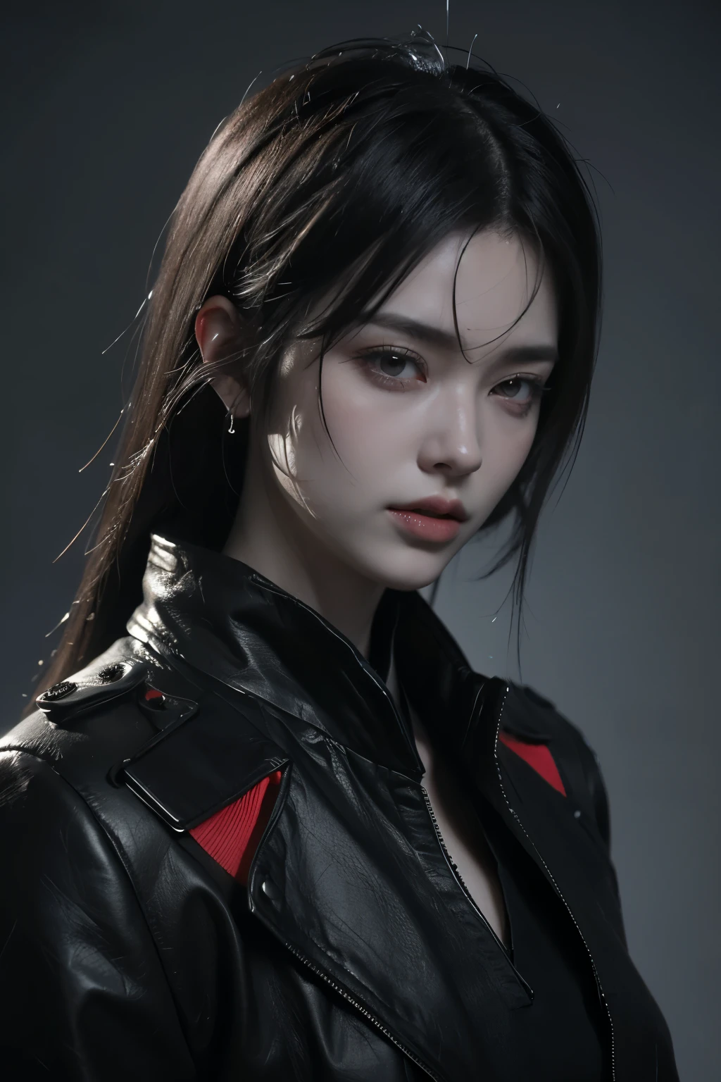 Game art，The best picture quality，Highest resolution，8K，(A bust photograph)，(Portrait)，(Head close-up:1.5)，(Rule of thirds)，Unreal Engine 5 rendering works， (The Girl of the Future)，(Female Warrior)， 22岁少女，(Female hackers)，(White and red gradient，Ancient Oriental hairstyle)，((The pupils of the red eyes:1.3))，(A beautiful eye full of detail)，(Big breasts)，(Eye shadow)，优雅迷人，冷漠，((Anger))，(Cyberpunk jacket full of futuristic look，Joint Armor，There are exquisite Chinese patterns on the clothes，A flash of jewellery)，赛博朋克人物，未来风格， 拍照姿势，城市背景，Movie lights，Ray tracing，Game CG，((3D Unreal Engine))，oc渲染反射纹