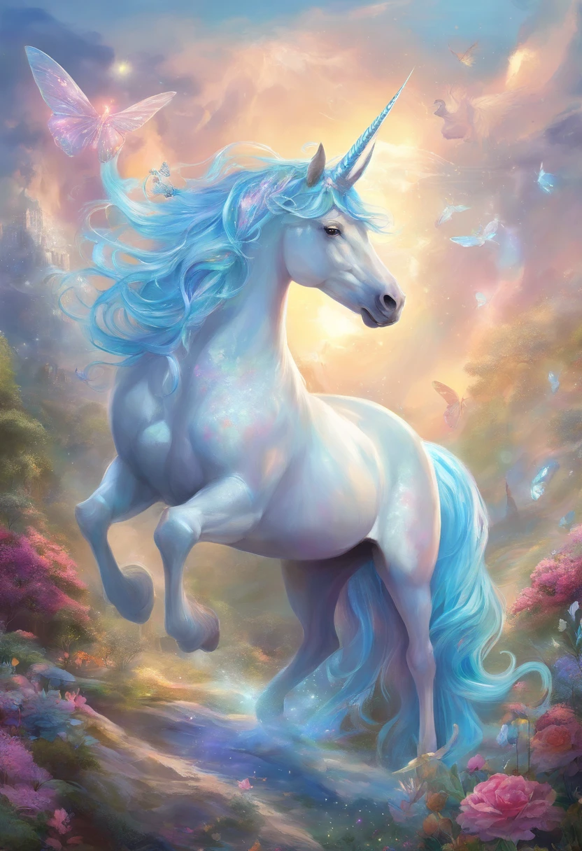 best quality,ultra-detailed,4k,extremely detailed illustration,(Mythical world),(delicate and precise),(intricate details),(unicorn:1.3),((light blue mane:1.3)), rainbow color, big shining horn, translucent butterfly
