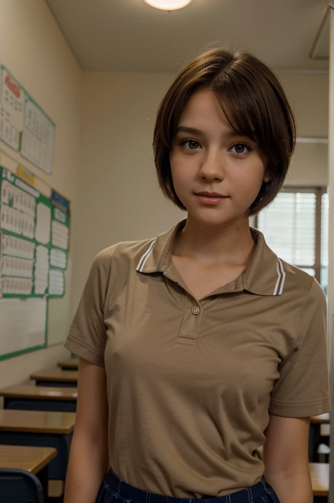 girl wearing a school uniform, with short hair, beautiful girl, cute, gorgeous young girl, brown hair, pretty, classroom background, hazel eyes, head shot, depth of field, super detail, room lighting