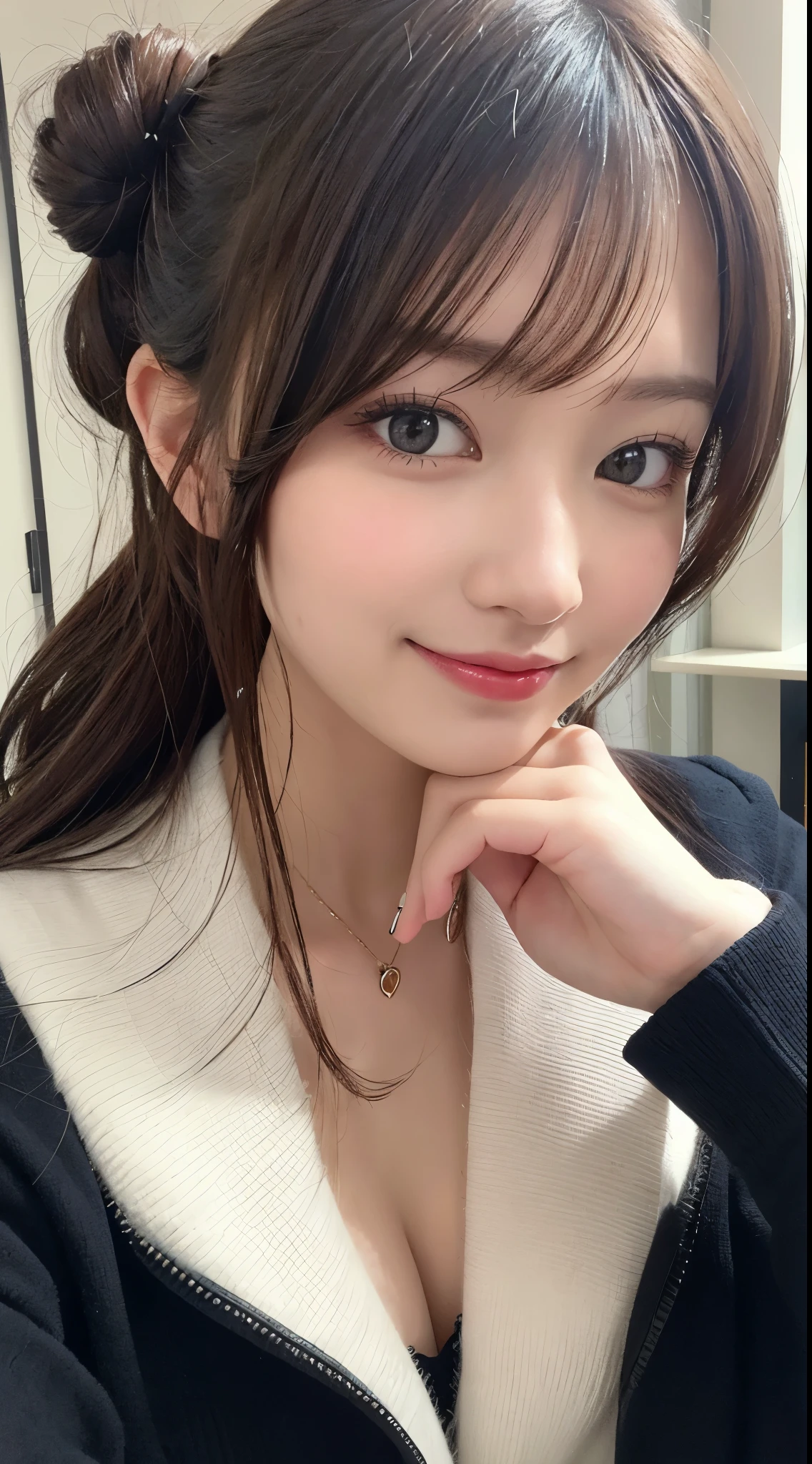 masutepiece, Best Quality, Illustration, Ultra-detailed, finely detail, hight resolution, 8K Wallpaper, Perfect dynamic composition, Beautiful detailed eyes, Trendy Women's Fashion Winter Clothes,Bun hair,Small breasts natural color lip, sexypose,Smile,Harajuku、20 years girl、Cute、is looking at the camera