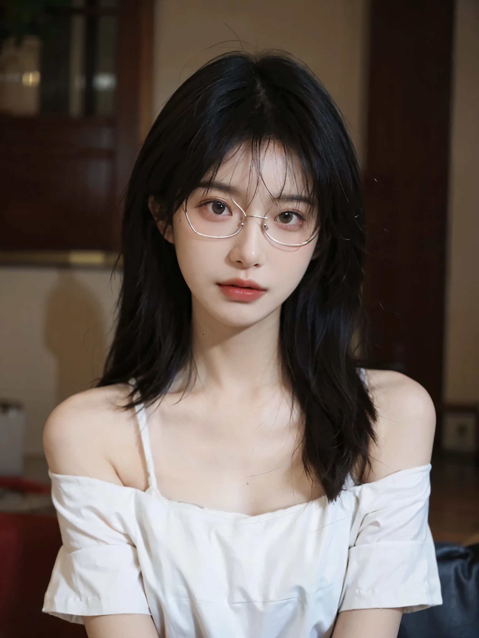 Film portrait photography, 1 girl, bare shoulders,lipstick,(flat chest:1.4), Shoulder length wavy hair, Wear high-end glasses,White short sleeves,serene, calm, (Realistic and detailed eyes, natural skin texture, Realistic facial details), Soft dramatic lighting, depth of field, Bokeh, Vibrant details, detailed meticulous, hyper-realistic, 35mm film, hazy, ,
