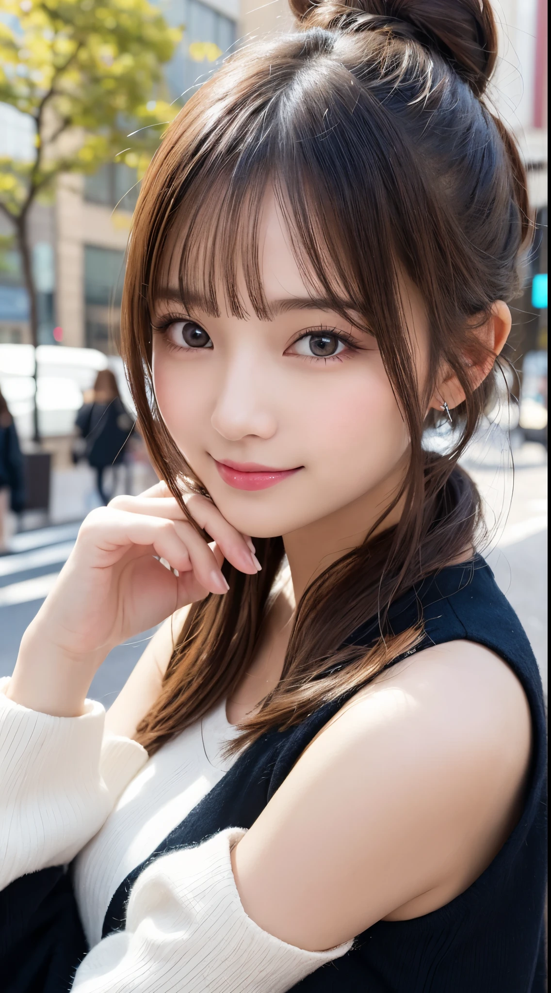 masutepiece, Best Quality, Illustration, Ultra-detailed, finely detail, hight resolution, 8K Wallpaper, Perfect dynamic composition, Beautiful detailed eyes, Trendy Women's Fashion Winter Clothes,Bun hair,Small breasts natural color lip, sexypose,Smile,Harajuku、20 years girl、Cute、is looking at the camera