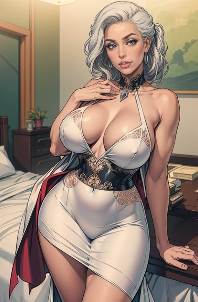 (best quality, masterpiece:1.2), ultra high res, realistic, front lighting, intricate detail, Exquisite details and textures, 1girl, solo ,(young), face highlight, upper body, detailed face, large breast, tear mole, white skin, silver hair, ponytail, braid hair, looking at viewer, big eyes, silk robe, (hollow pattern, white, silk), earrings, small breasts, slim body, luxury room, professional lighting, photon mapping, radiosity, physically-based rendering,