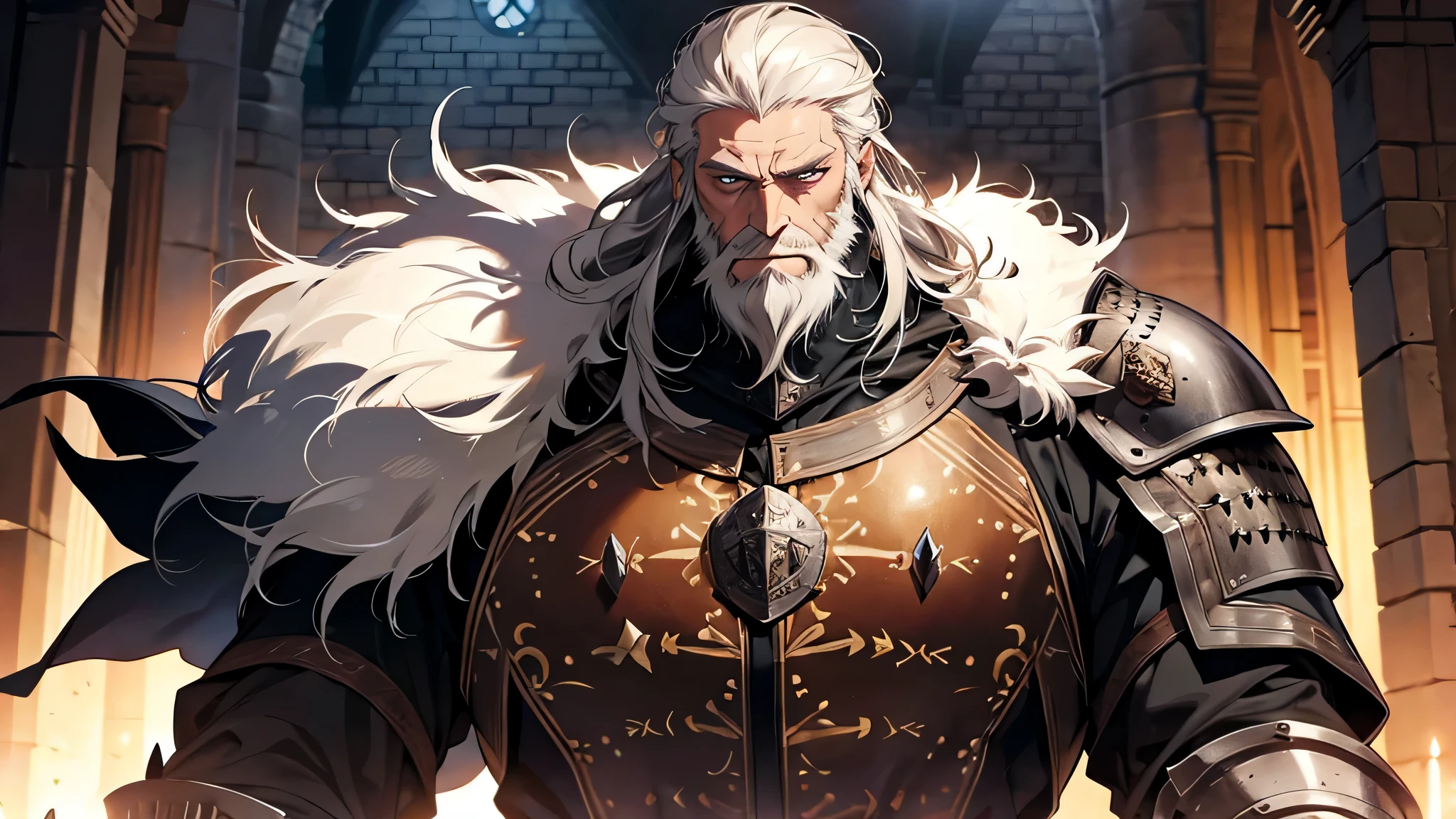 old man knight, armored, castle background, muscular, pectoral, detailed face, detailed eyes, long beard, medieval times