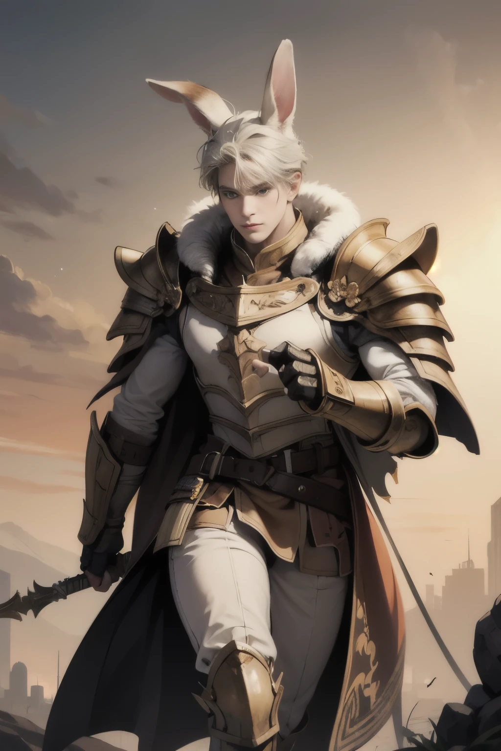 A rabbit standing on two legs, brown ears, green eyes, cream colored fur, wears paladin armor, has a scar on his nose.