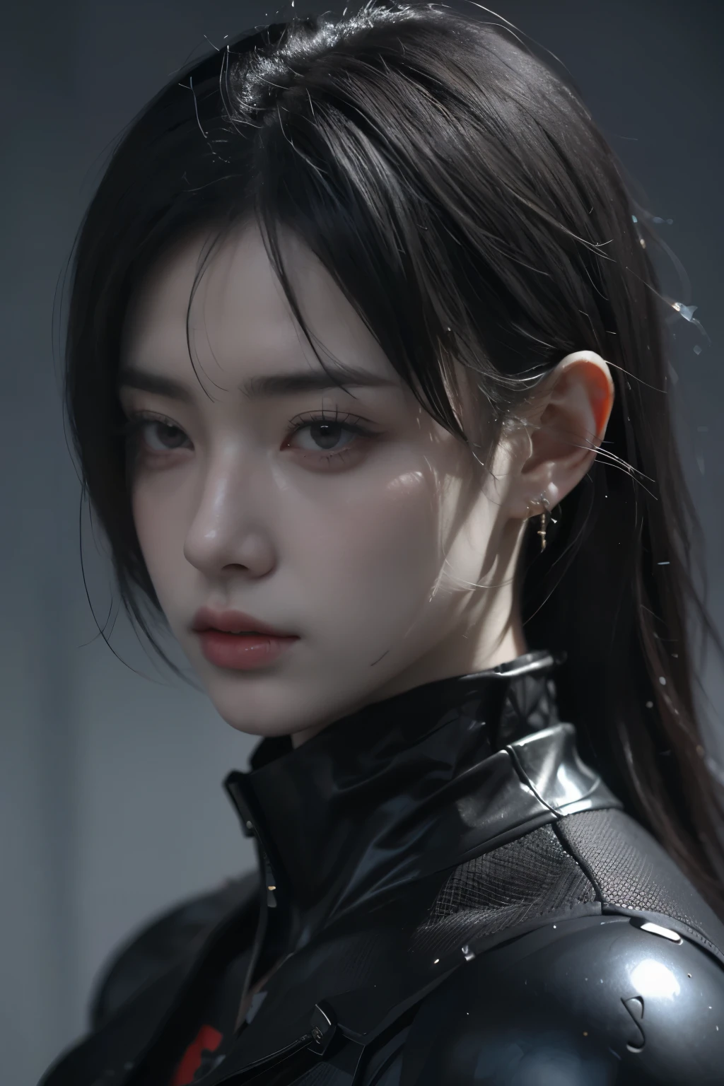 Game art，The best picture quality，Highest resolution，8K，(A bust photograph)，(Portrait)，(Head close-up:1.5)，(Rule of thirds)，Unreal Engine 5 rendering works， (The Girl of the Future)，(Female Warrior)， 22岁少女，(Female hackers)，(White and red gradient，Ancient Oriental hairstyle)，((The pupils of the red eyes:1.3))，(A beautiful eye full of detail)，(Big breasts)，(Eye shadow)，优雅迷人，冷漠，((Anger))，(Cyberpunk jacket full of futuristic look，Joint Armor，There are exquisite Chinese patterns on the clothes，A flash of jewellery)，赛博朋克人物，未来风格， 拍照姿势，城市背景，Movie lights，Ray tracing，Game CG，((3D Unreal Engine))，oc渲染反射纹