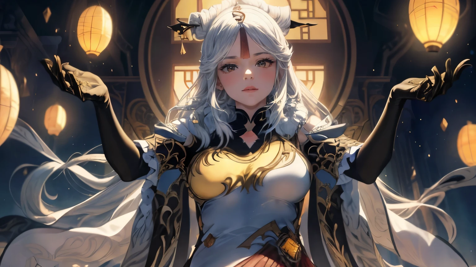 (Masterpiece:1.2), best quality, (illustration:1.2), (ultra-detailed), hyper details, (delicate detailed), (intricate details), (cinematic light, best quality Backlights), clear line, from below, soloist, perfect body, (1girl), white hair and yellow eyes, (emperor, black see-through clothes), (crown: 1.1), sitting on the throne, eyes slightly closed, head down, (shy: 1.2 ), (makeup), high contrast, (best illumination, an extremely create and beautiful), (cinematic light), colorful,